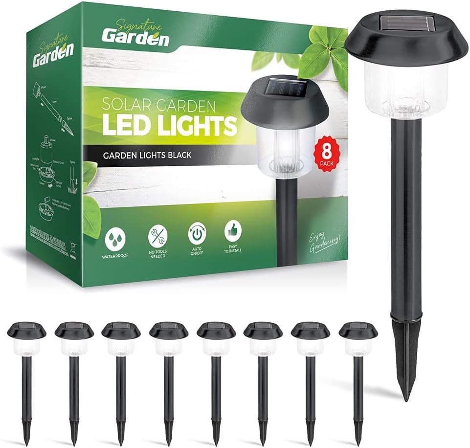 Signature Garden Solar Garden Lights - Auto On/Off Outdoor Bright Solar Pathway Lights - All-Weather/Waterproof Outdoor Solar Lights for Yard, Garden, or Driveway (8-Pack, Stainless Steel Bronze)