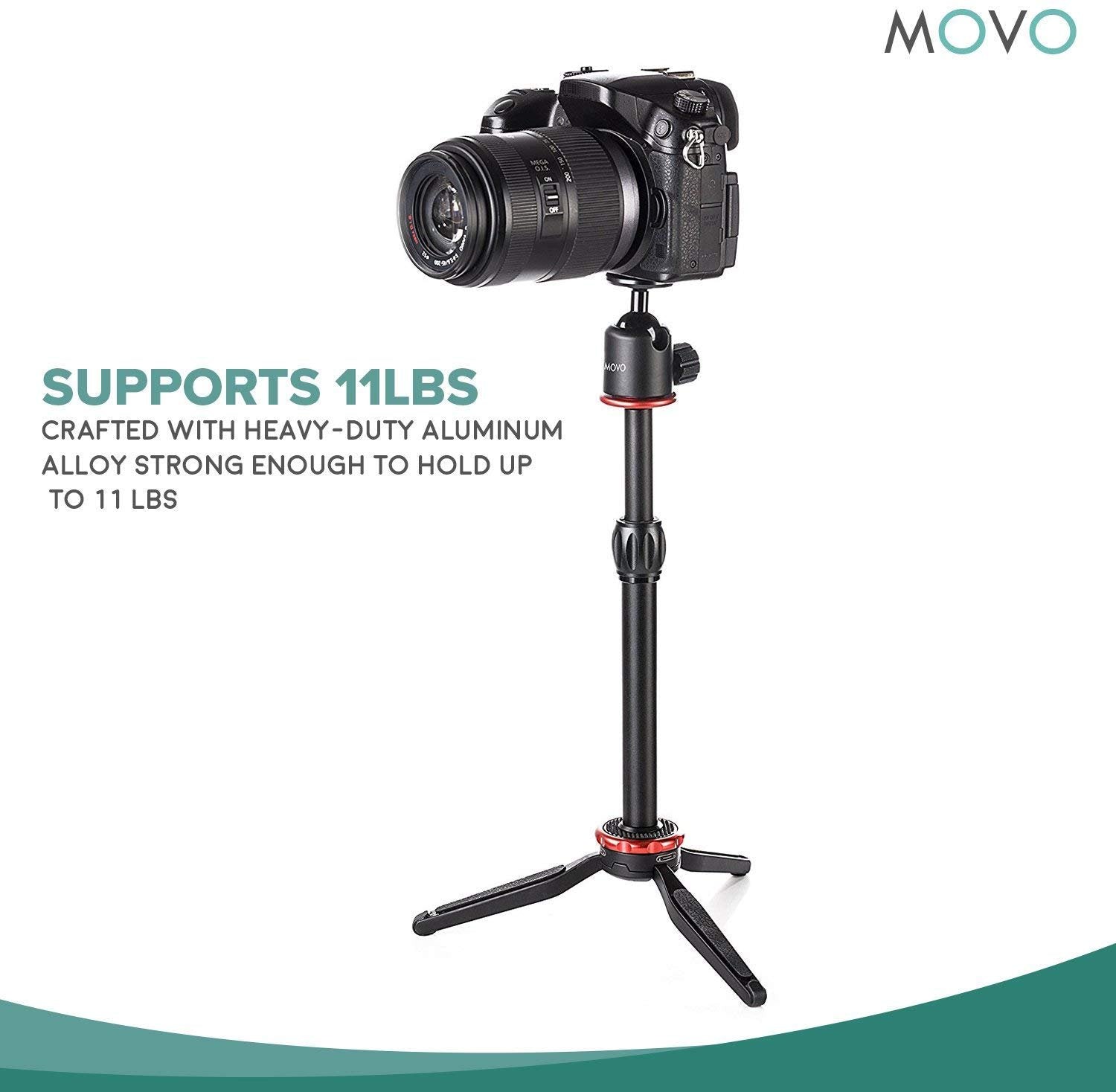 Movo Universal Mini Camera Tripod with Extendable Pole (MV-T1) Adjustable Head, Heavy-Duty Aluminum Travel Stand for DSLR, Mirrorless, GoPro, Smartphones, Compact, Portable