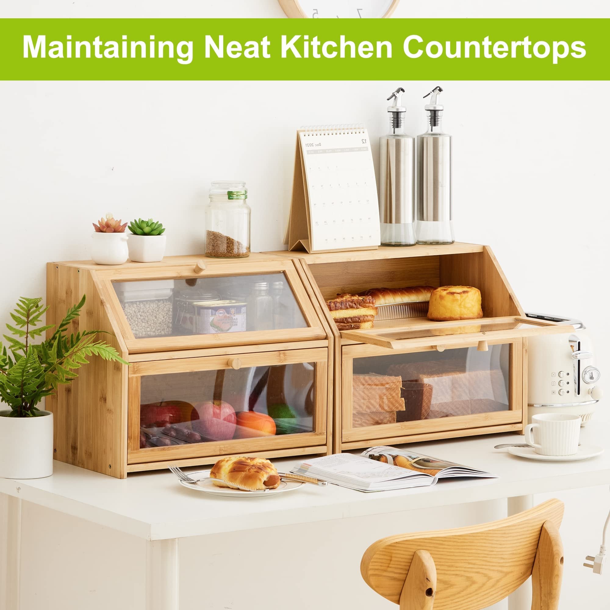Bread Storage Farmhouse Bread Box For Kitchen Countertop Bread Container With Clear Window Breadbox Double Layer Bamboo Wooden Extra Large Capacity Bin Kitchen Food Storage Container(Trapezoid)