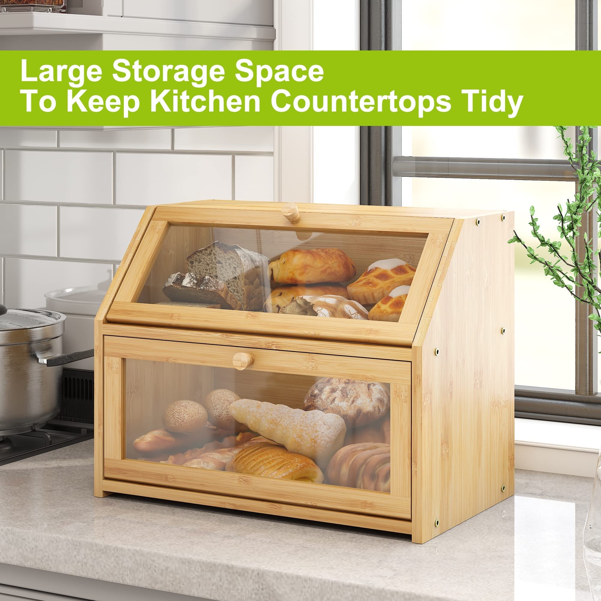 Bread Storage Farmhouse Bread Box For Kitchen Countertop Bread Container With Clear Window Breadbox Double Layer Bamboo Wooden Extra Large Capacity Bin Kitchen Food Storage Container(Trapezoid)