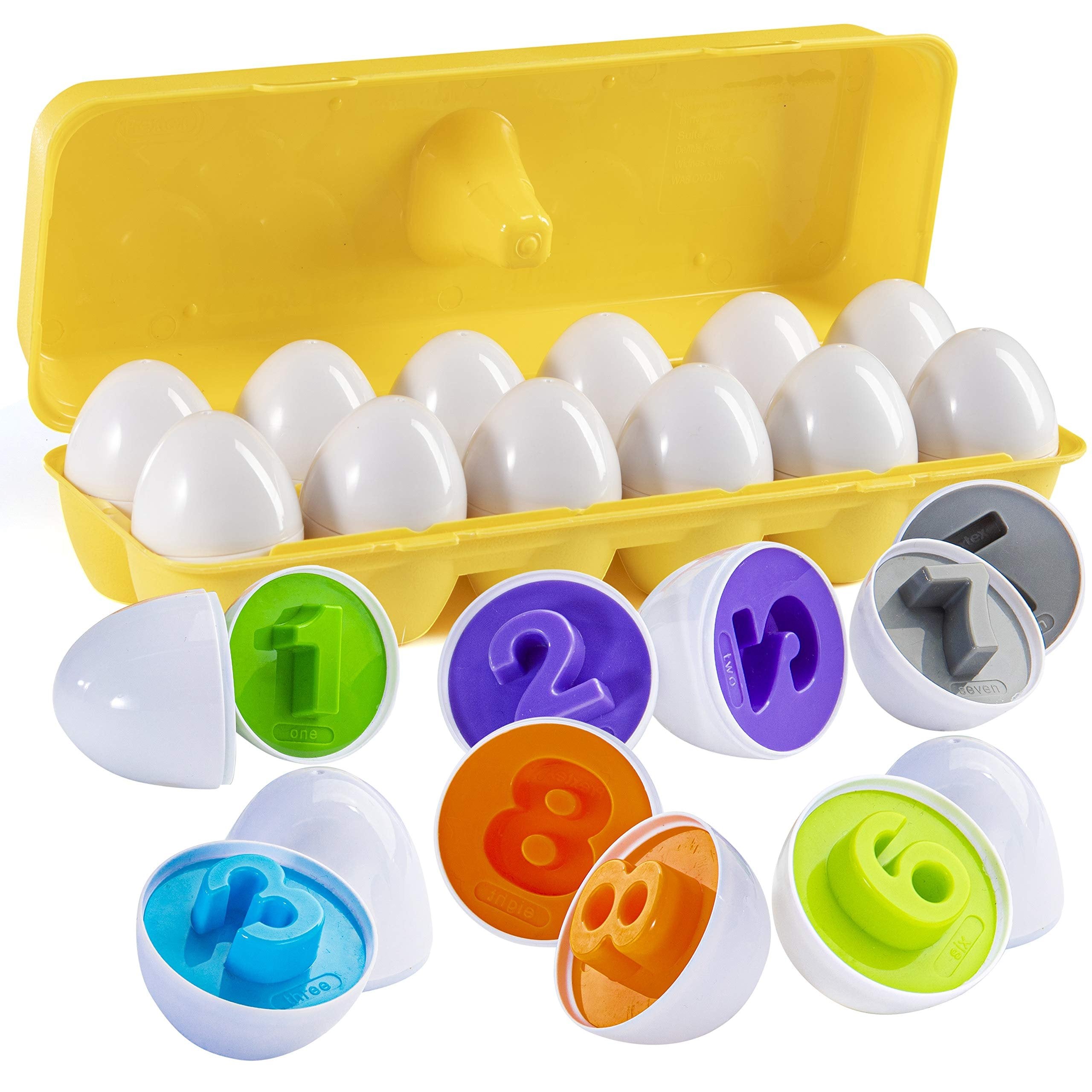 PREXTEX Find and Match Number Matching Easter Eggs with Yellow Holder - Matching Toy Eggs for Toddlers - STEM Toys Educational for Kids and Toddlers Montessori Toy Numbers, Shapes, and Colors