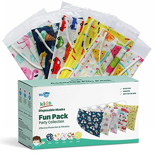 WECARE Disposable Face Masks For Kids, 50 Assorted Fun Variety Pack Printed Masks, Individually Wrapped