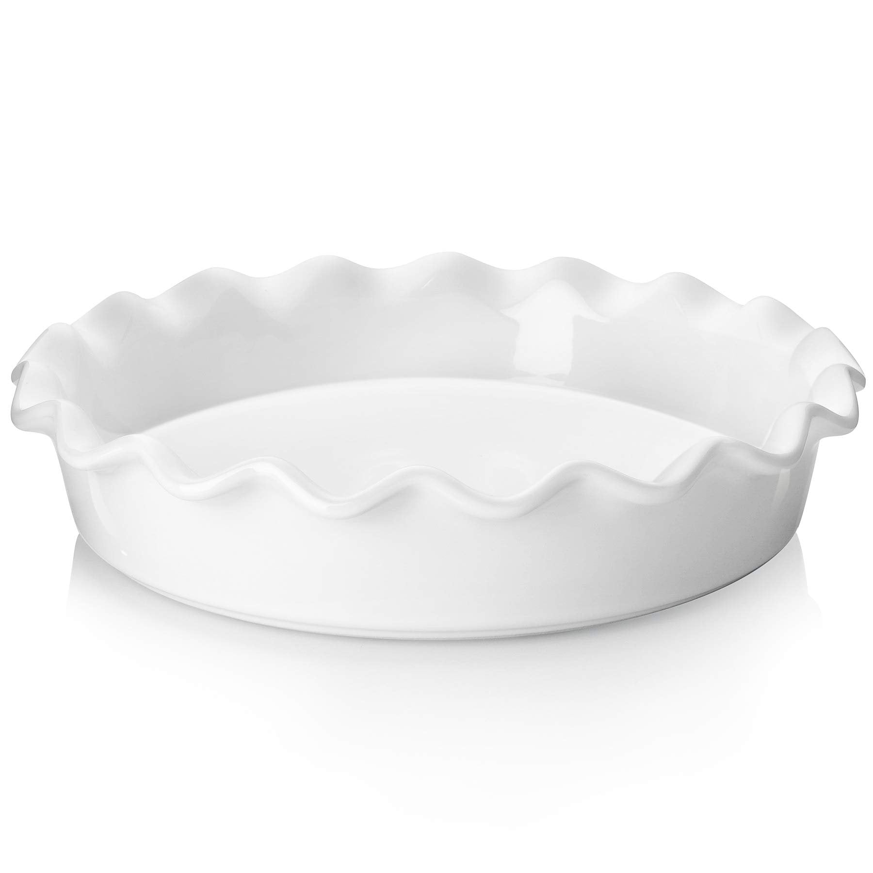 Teocera Porcelain Round Pie Plate, 10.5 Inches, White, Deep Dish, Ruffled Edge, Bake Evenly, Easy to Clean