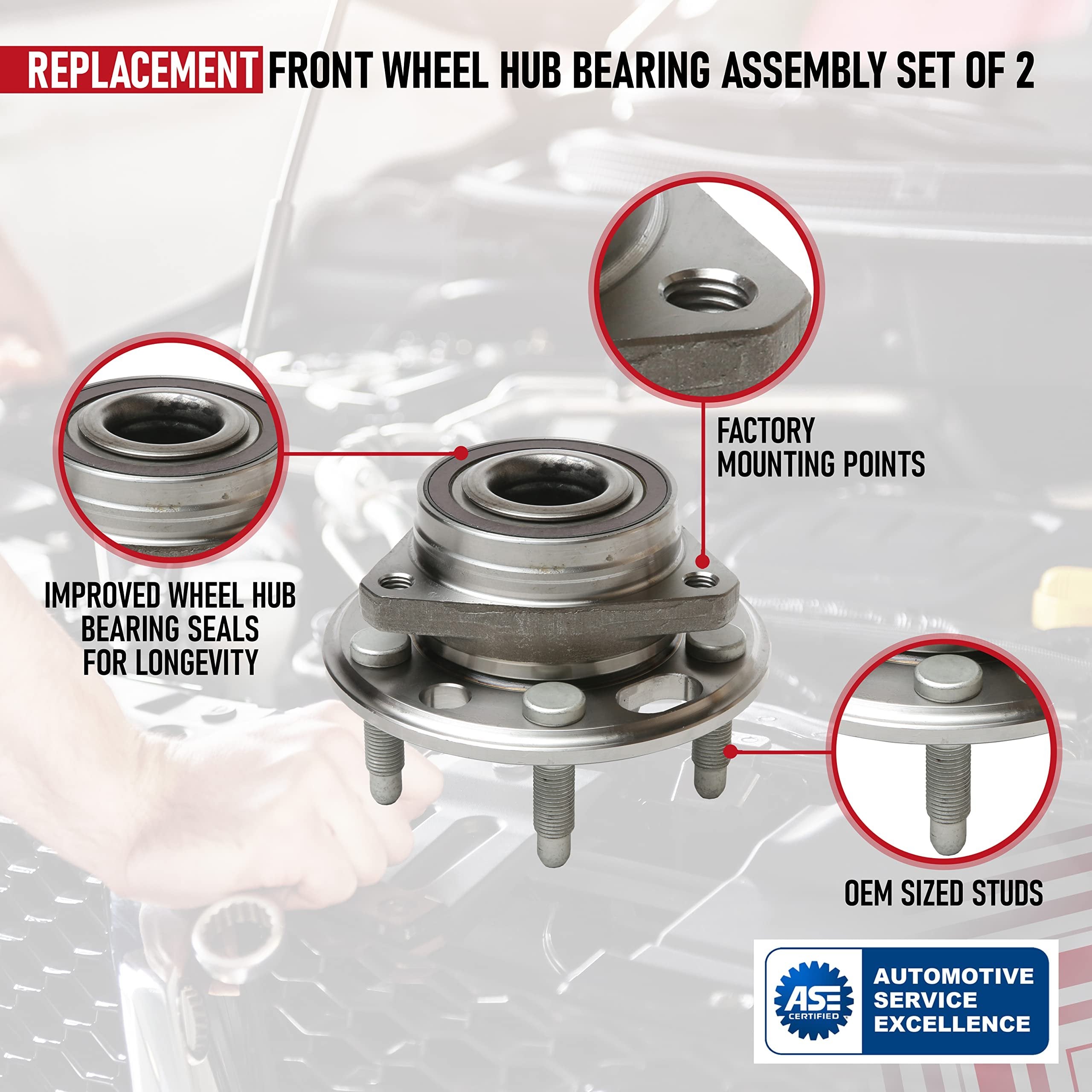 Replacement Front or Rear Wheel Hub Bearing Assembly Set of 2 - Compatible with Buick, Cadillac, Chevrolet, GMC - Lacrosse, CTS, Equinox, Impala, Malibu, Terrain - Replaces 513288, 951-301, 13507374