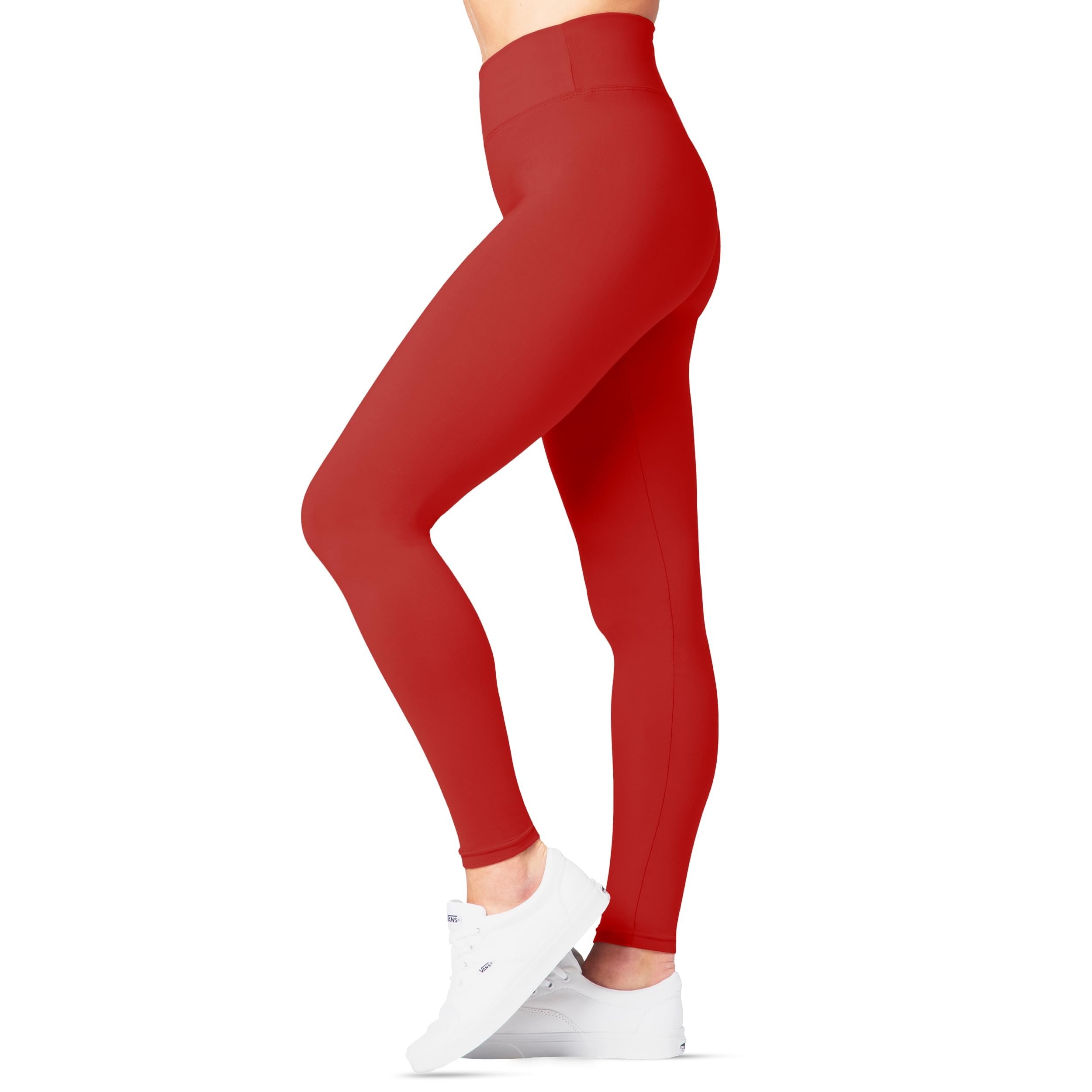 SATINA Womens High Waisted Pants - Workout, Yoga Leggings for Regular & Plus Size Women, 3 Inch Waistband, Red, One Size, Straight