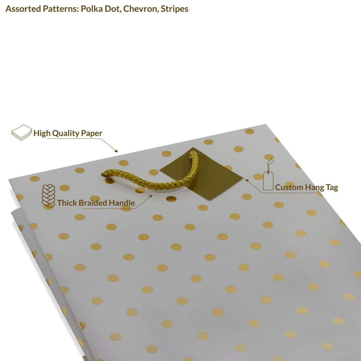 Gold Gift Bags - 12 Pack Large Metallic Designer Paper Bags with Handles, Fancy Gift Wrap Eurto Totes with Polka Dot, Chevron, Stripe Pattern for Birthdays, Party Favors, Holidays, Christmas, Bulk - 10x5x13