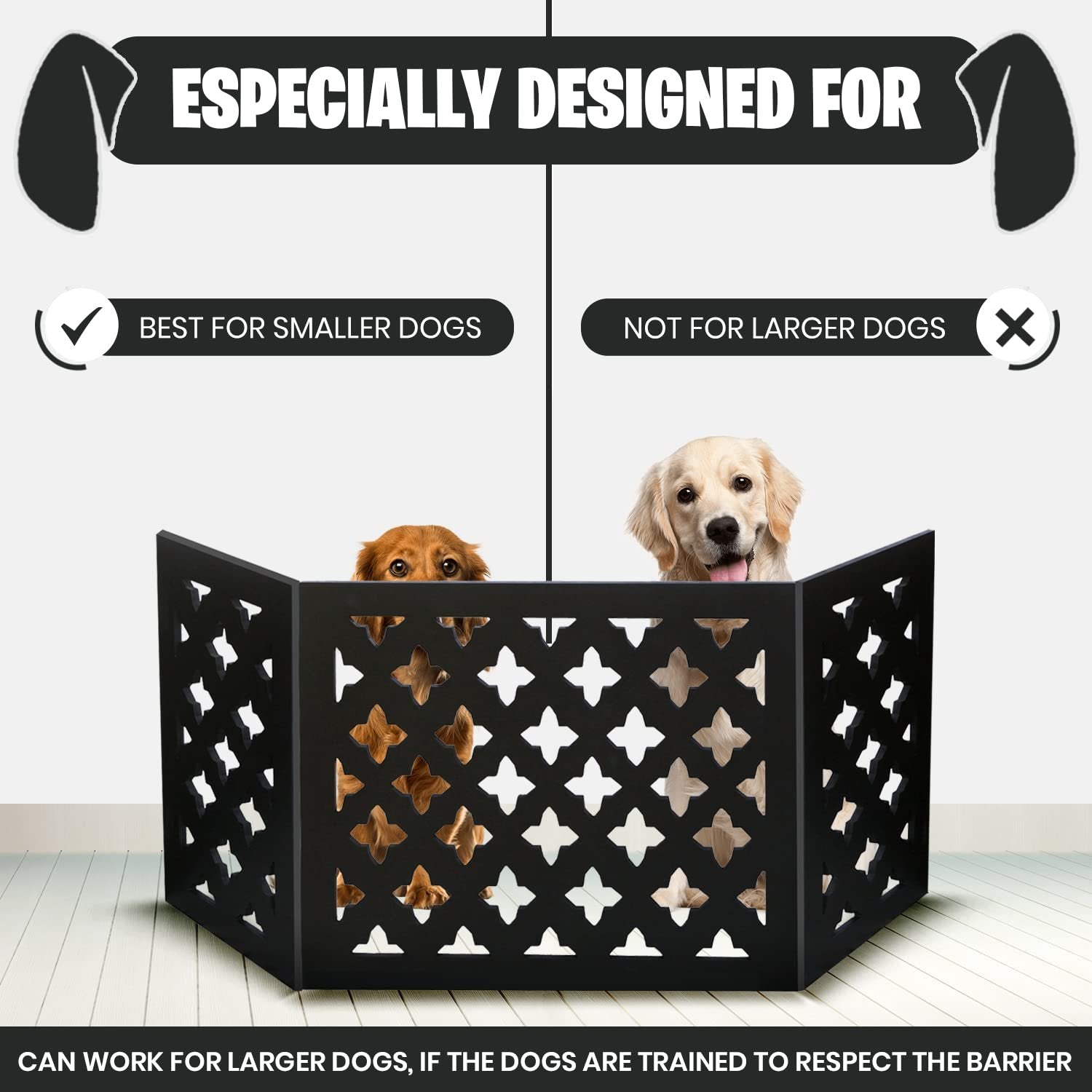 Bundaloo Freestanding Dog Gate Expandable Decorative Wooden Fence for Small to Medium Pet Dogs, Barrier for Stairs, Doorways, & Hallways (Geometric)