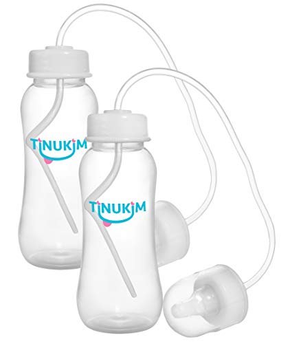 Tinukim iFeed 9 Ounce Self Feeding Baby Bottle with Tube - Handless Anti-Colic Nursing System, White - 2-Pack