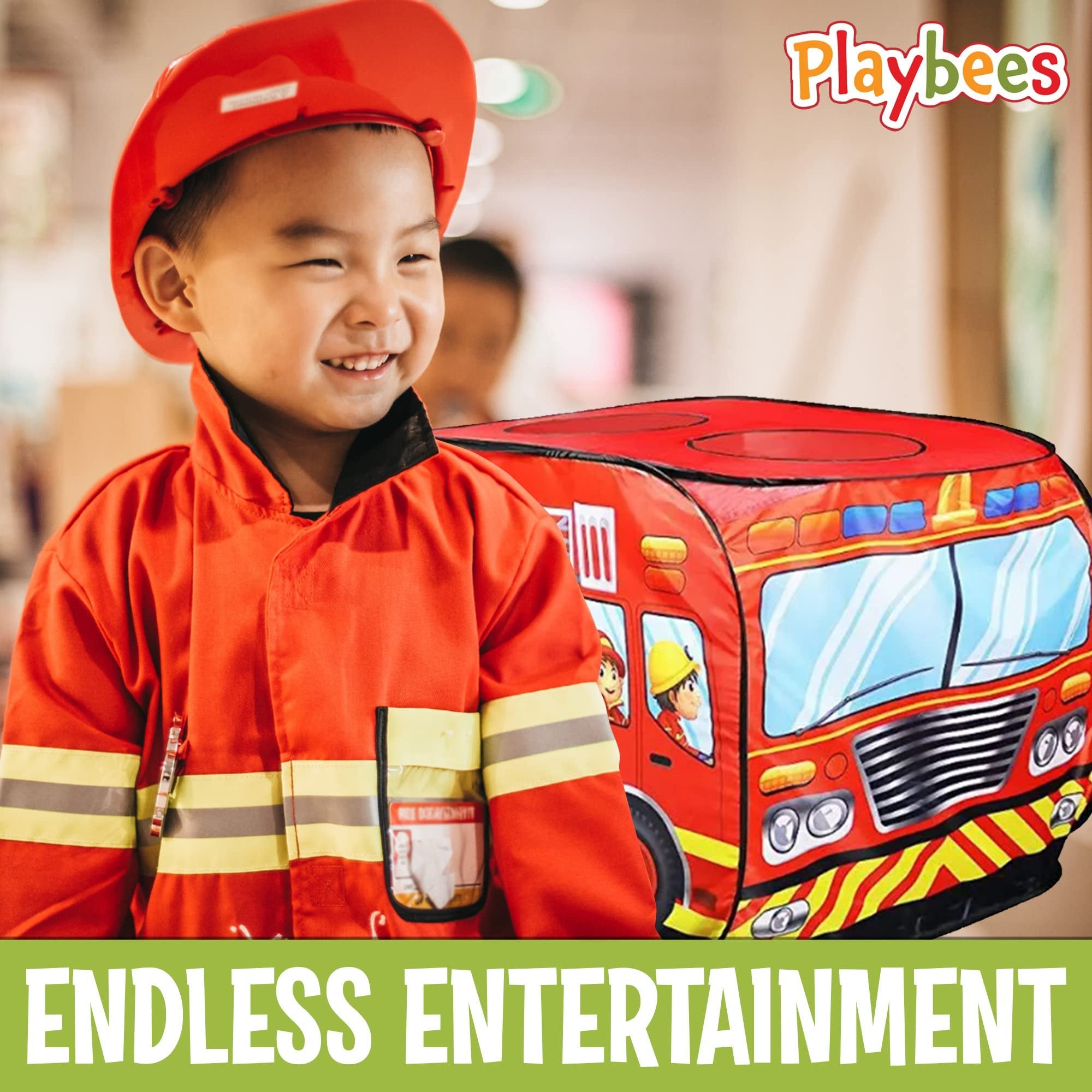 Playbees Musical Fire Truck Pop Up Play Tent with 3 Openings - Role Play Firefighter Tent - Sirens & Fireman Sounds - Indoor Outdoor - Red Fire Engine Playhouse Vehicle Toys - Ideal Play, Gift, Prop