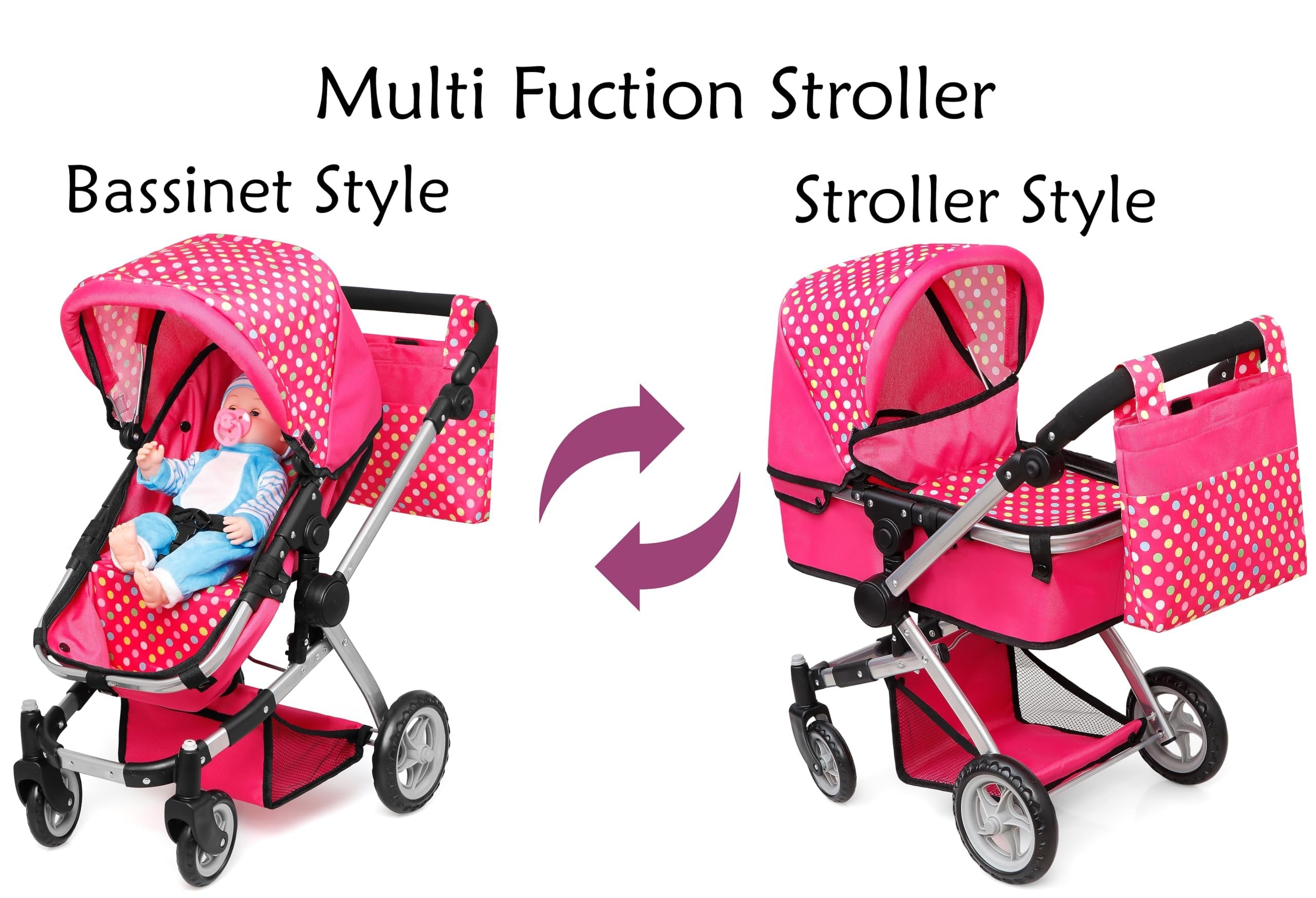 fash n kolor Foldable Pram for Baby Doll with Polka Dots Design with Swiveling Wheel Adjustable Handle