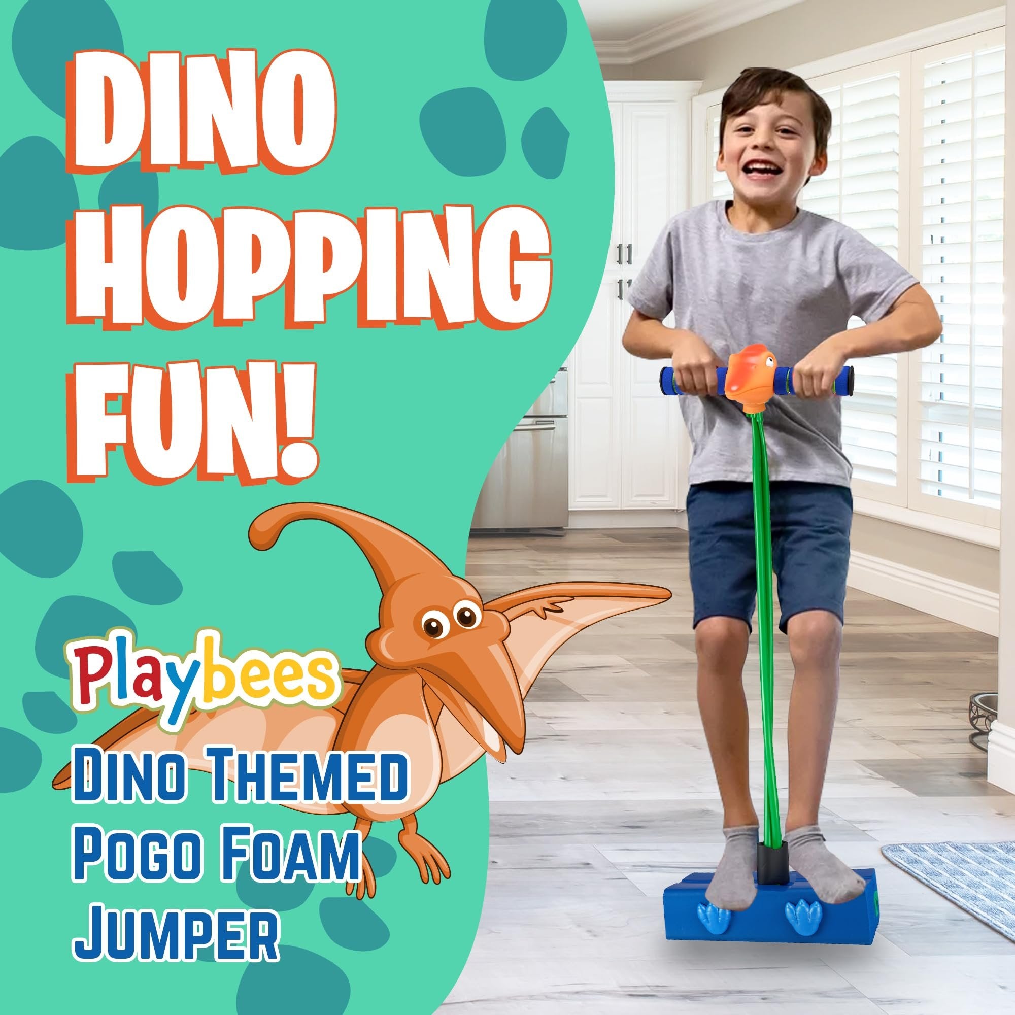 Playbees Terradactyl Foam Pogo Stick - Coolest Toy Jumper for Kids 3, 4, 5, 6, 7 Years Old - Inside & Outside Fun - Dinosaur Themed Bungee - Ideal Kids Fun, Gifts, Christmas, Birthday for Boys & Girls