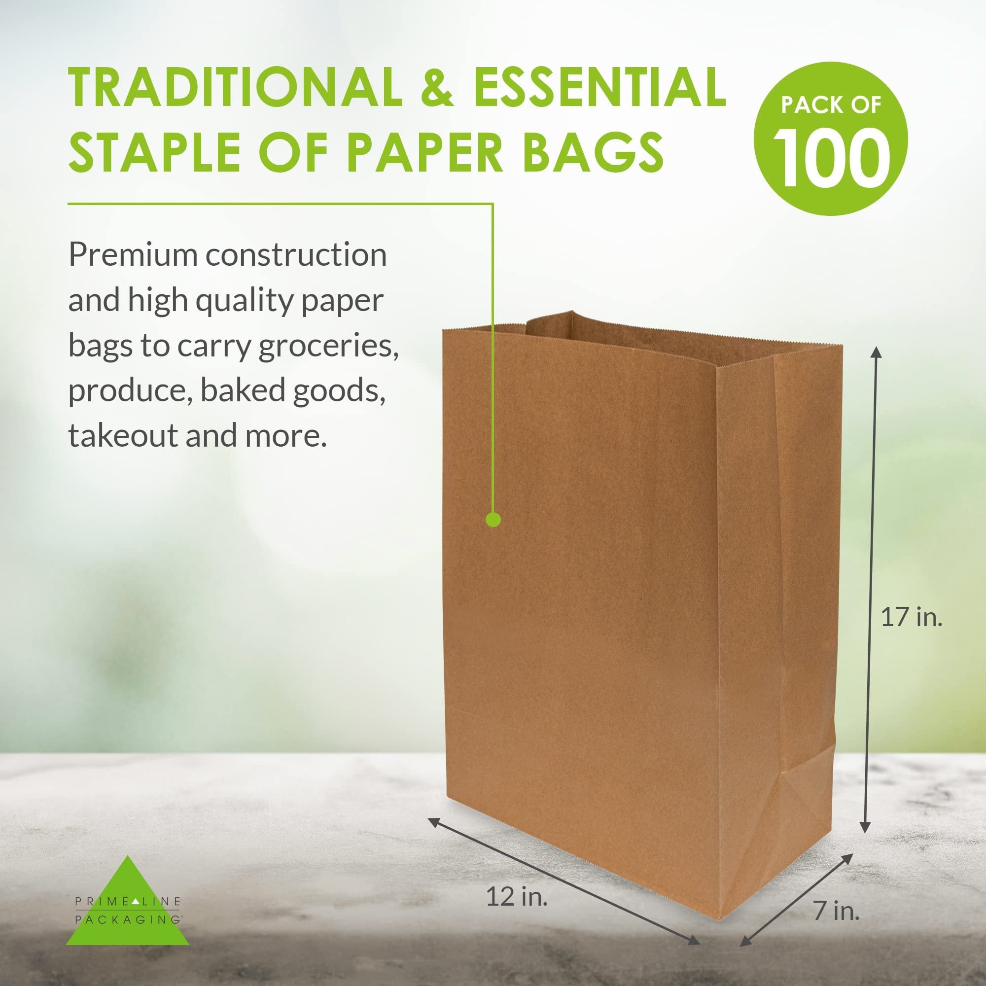 Brown Paper Bags - Extra Large Kraft Paper Shopping Bags, SOS Grocery Bags in Bulk for Lunch Bags, Food, Bread Bags, Delivery & Take Out, Deli, Bakery, Grocery Store, Small Business Use - 12x7x17