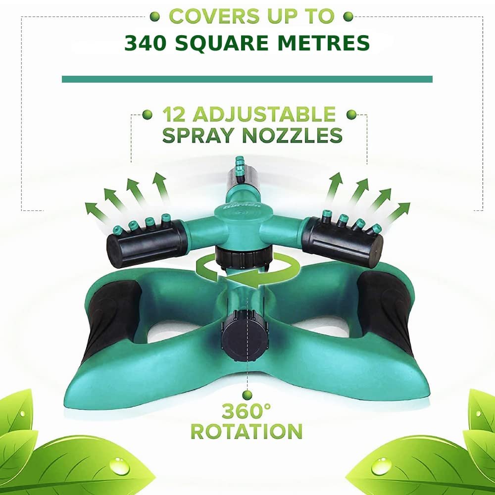 Signature Garden Water Sprinklers for Yard, Three Arm Sprinkler, 12 Built-in Spray Nozzles, 360 Degree Rotation, Connect Multiple Large for Large Or Small Grass Lawn Area