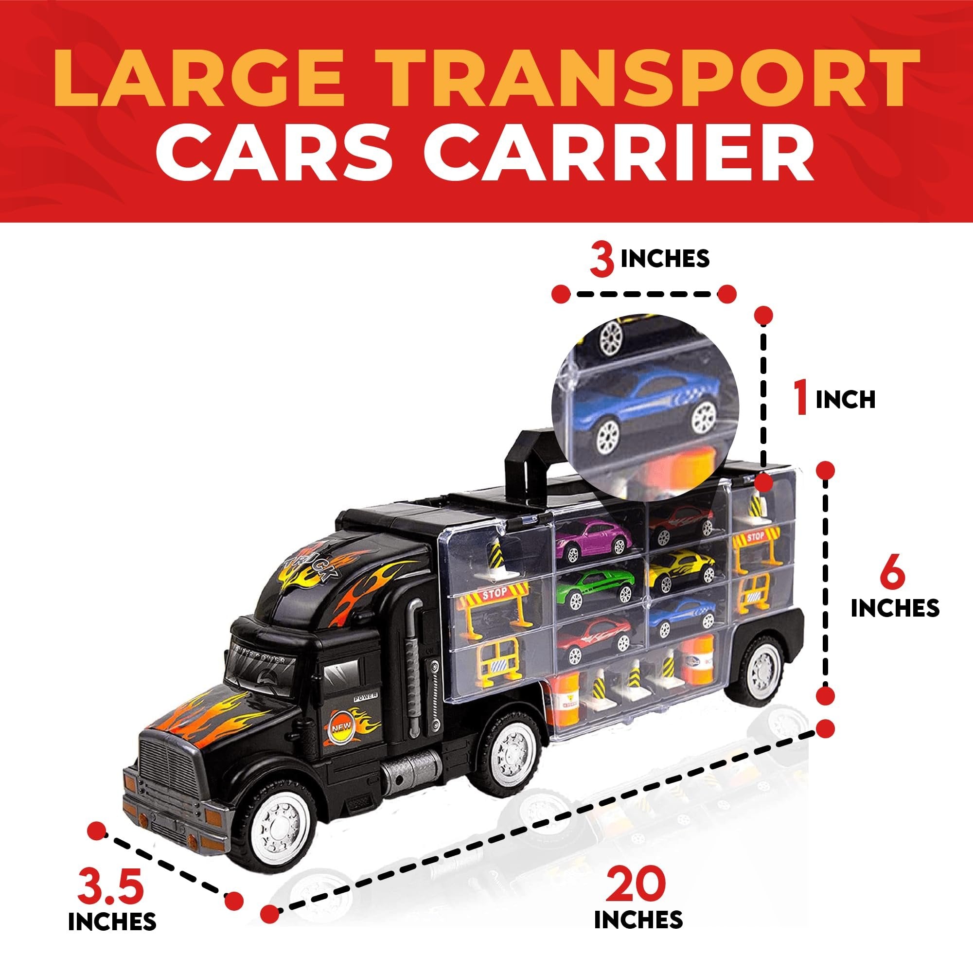 Wolvolk Transport Car Carrier Truck Toy - Car Transporter Carrier Truck Car Set- Toy Car Storage Organizer - Car Carriers Toy Trucks for Boys Age 4-7 with 6 Matchbox Cars, Construction Signs and Cones