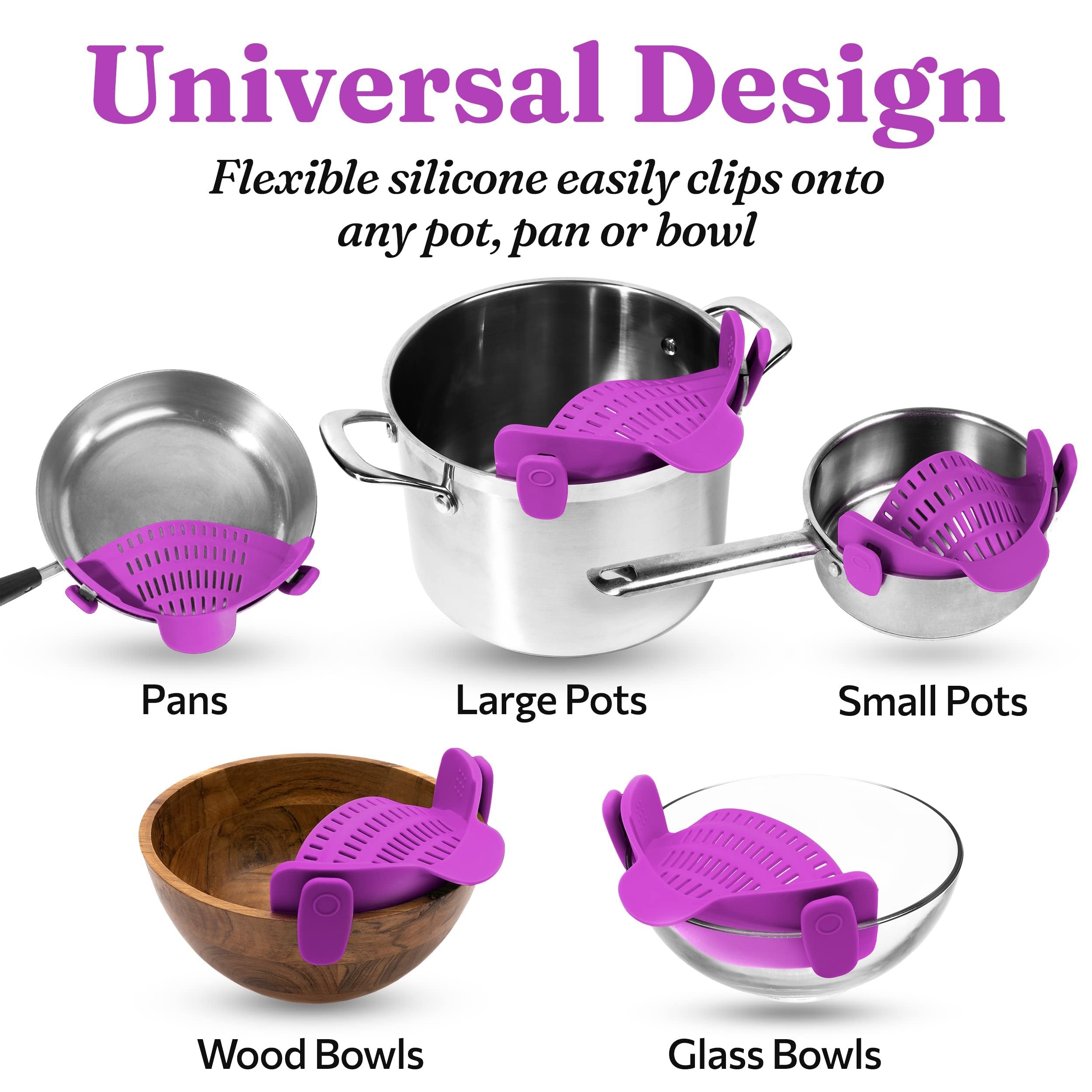 Kitchen Gizmo Snap N Strain Pot Strainer and Pasta Strainer - Strainers and Colanders - Adjustable Silicone Clip On Strainer for Pots, Pans, and Bowls - Kitchen Colander - Purple