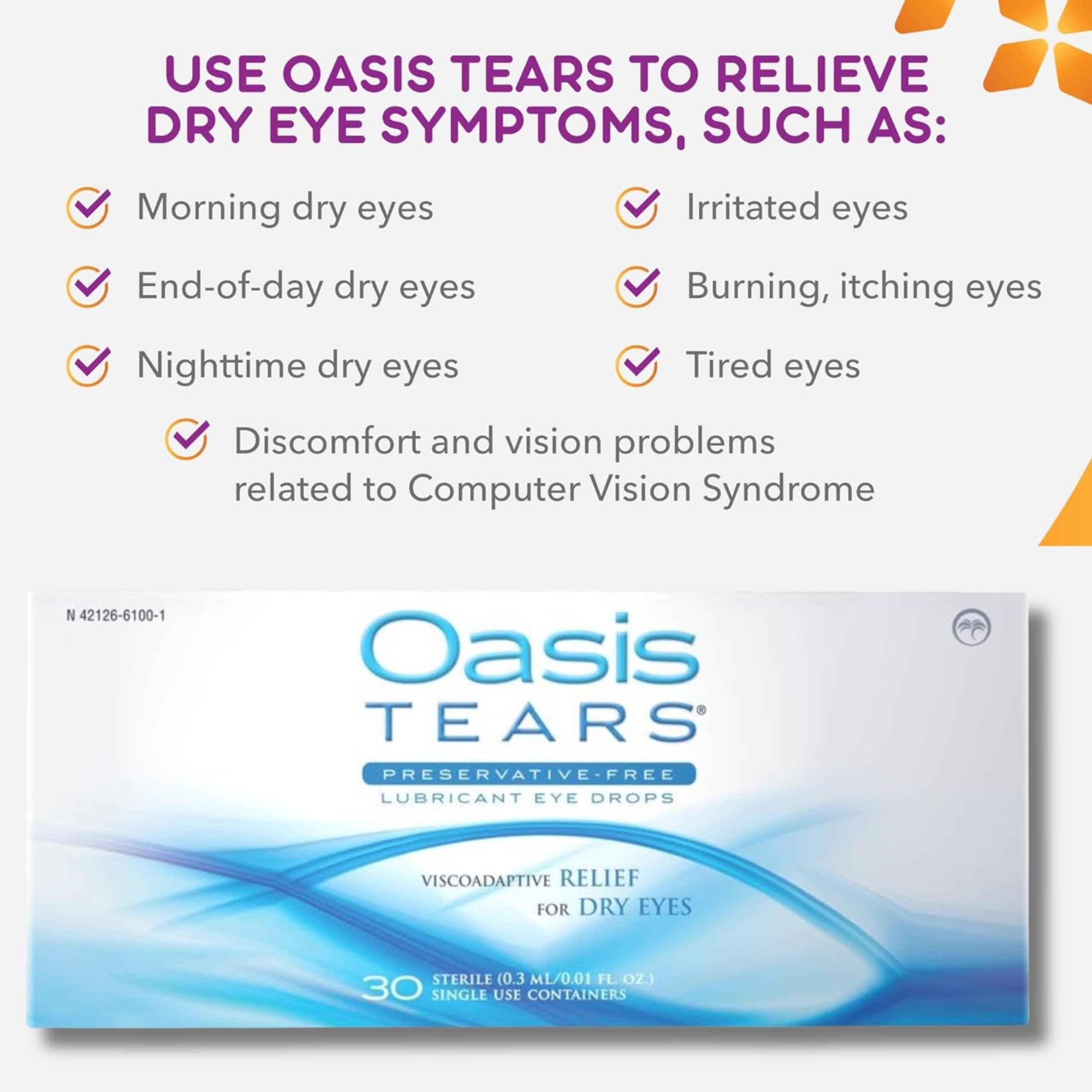 Oasis TEARS Original Lubricant Eye Drops Relief for Dry Eyes, Coat, Lubricate, & Moisten Delicate Eye Tissue, Continued Relief of Irritated Eyes 30 Count Box Sterile Disposable Containers (Pack of 2)