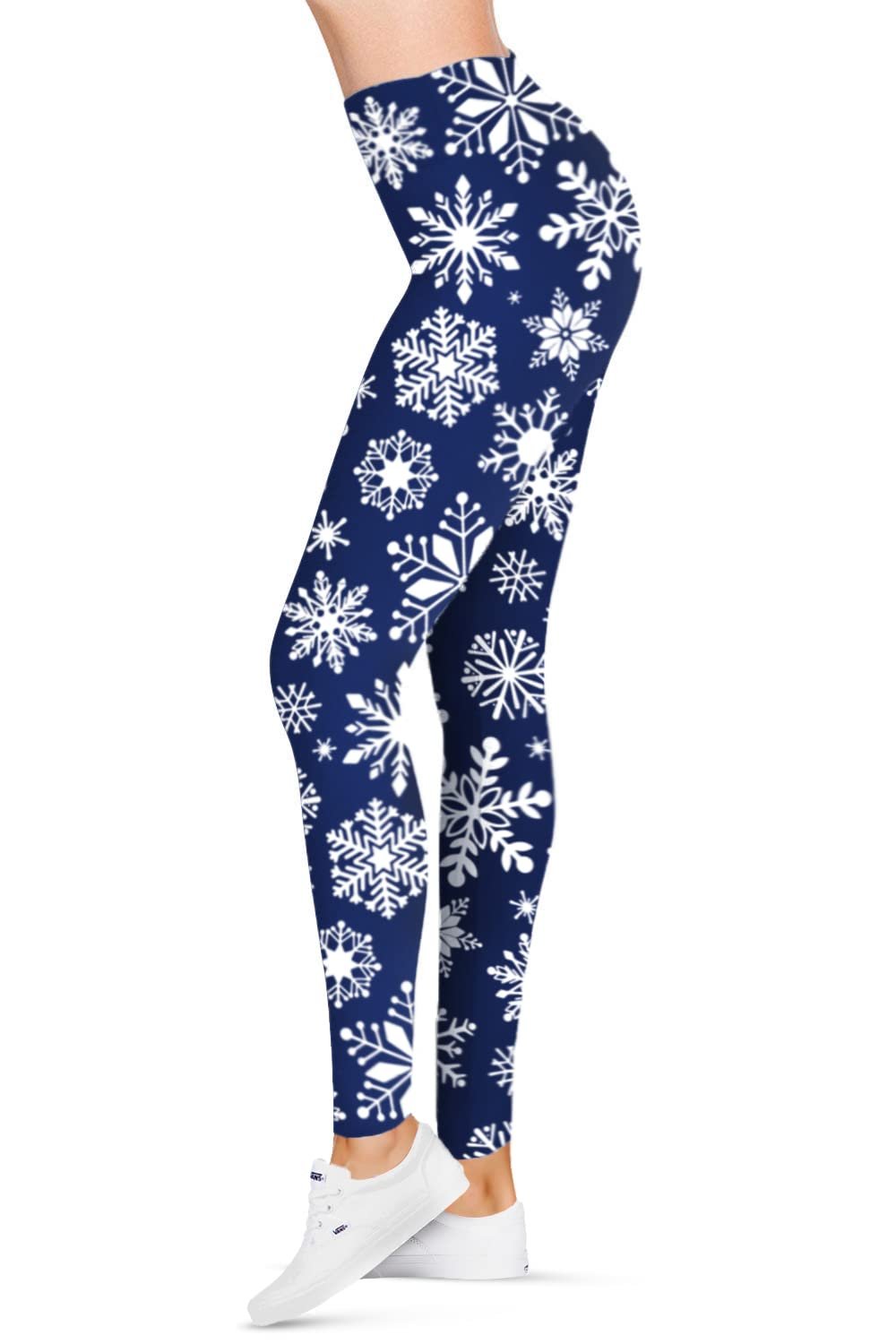 SATINA Womens Christmas Pants - Buttery Soft Highwaisted Holiday Leggings, Blue Snowflake, One Size