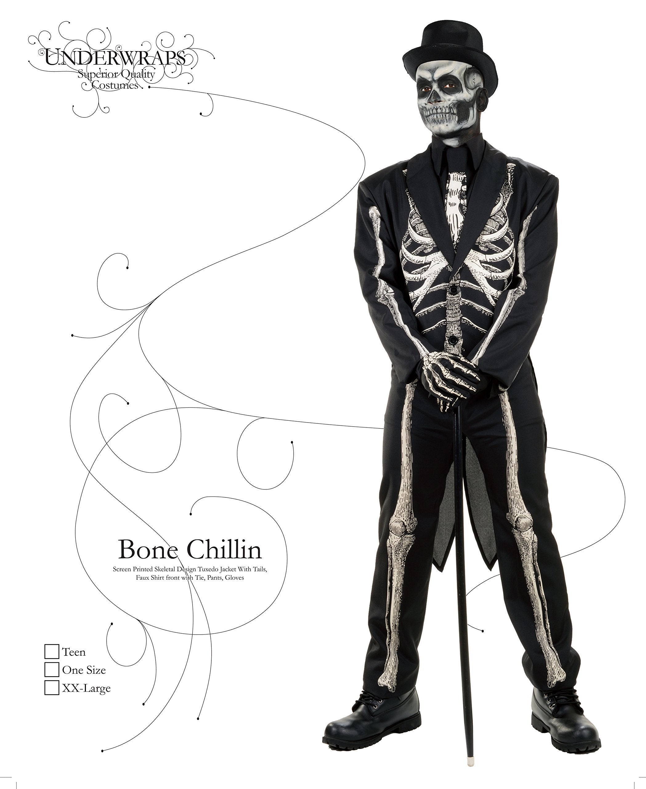 UNDERWRAPS Men's Bone Chillin Skeleton Tuxedo Costume, Black, Adult One Size