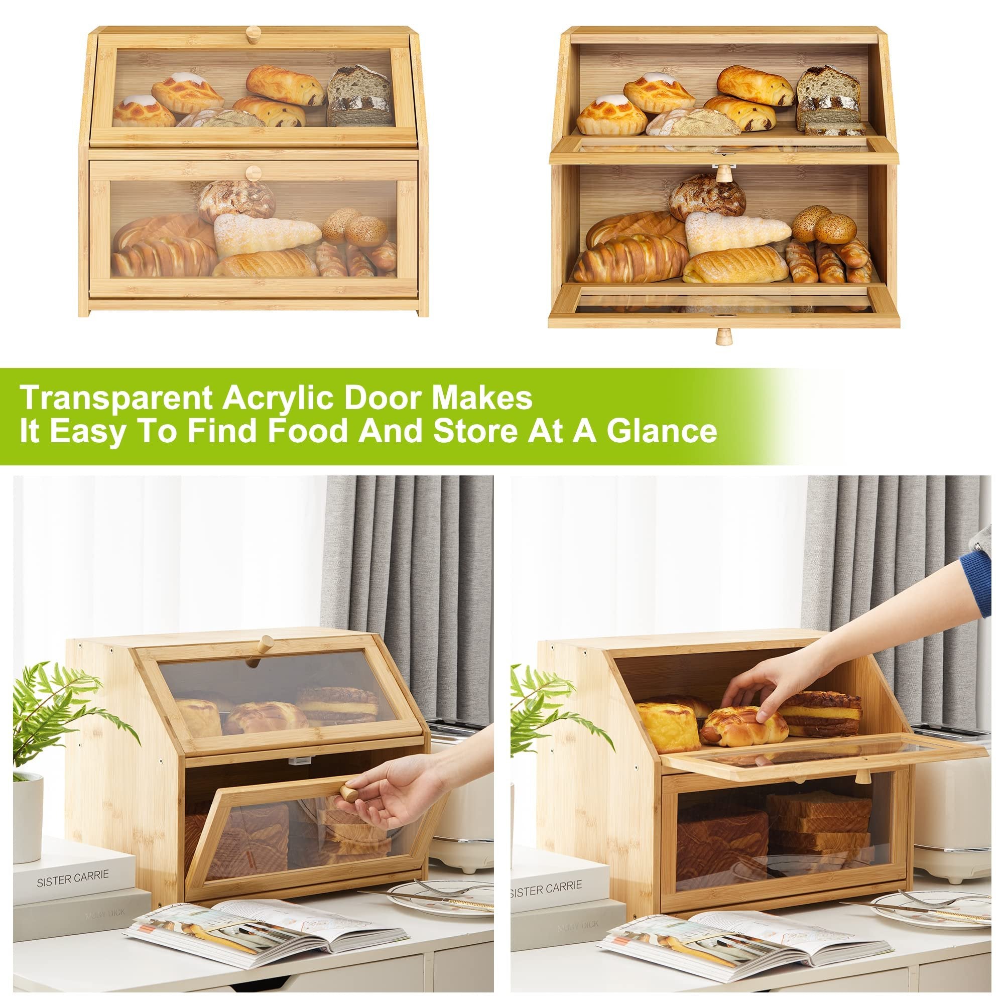 Bread Storage Farmhouse Bread Box For Kitchen Countertop Bread Container With Clear Window Breadbox Double Layer Bamboo Wooden Extra Large Capacity Bin Kitchen Food Storage Container(Trapezoid)