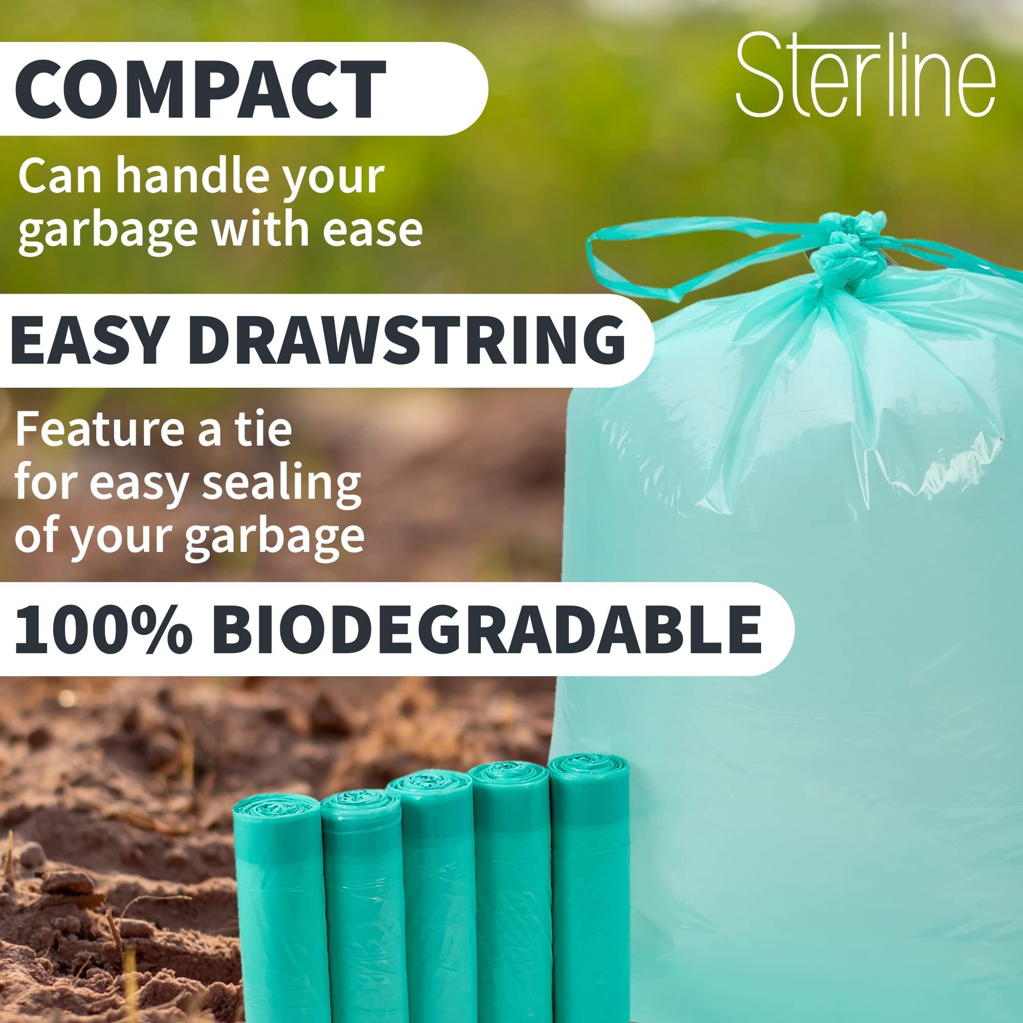 Sterline Eco-Friendly Trash Bags Code Q - 50PK 13-17 Gallon (50-65L) Biodegradable Garbage Bags - Compatible with SimpleHuman - Sustainable, Compostable, Heavy-Duty - Green Living Solution