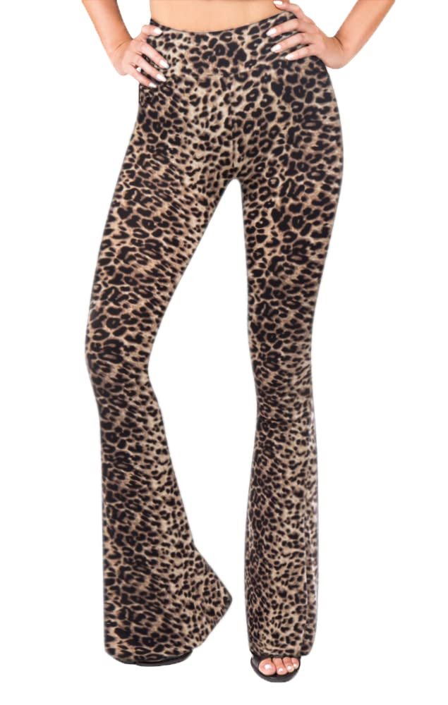 SATINA High Waisted Flare Wide Leg Leggings | Printed & Solid | Reg & Plus (XX-Large, Cheetah)