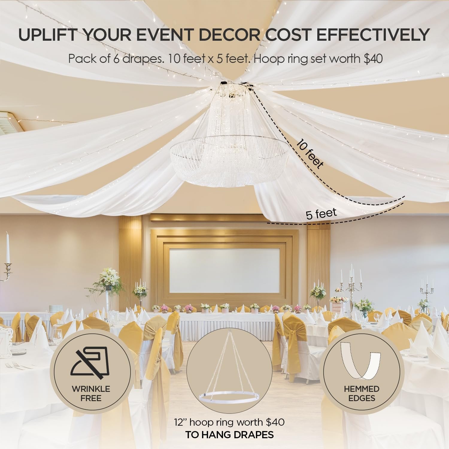 Ceiling Drapes for Weddings 5ftx10ft White Ceiling Curtains with Ceiling Drapes Hanging Kit Sheer Chiffon Fabric for Wedding Drapes Decorations Tent Draping Event Ceremony Party Decor Pack of 6 Panels