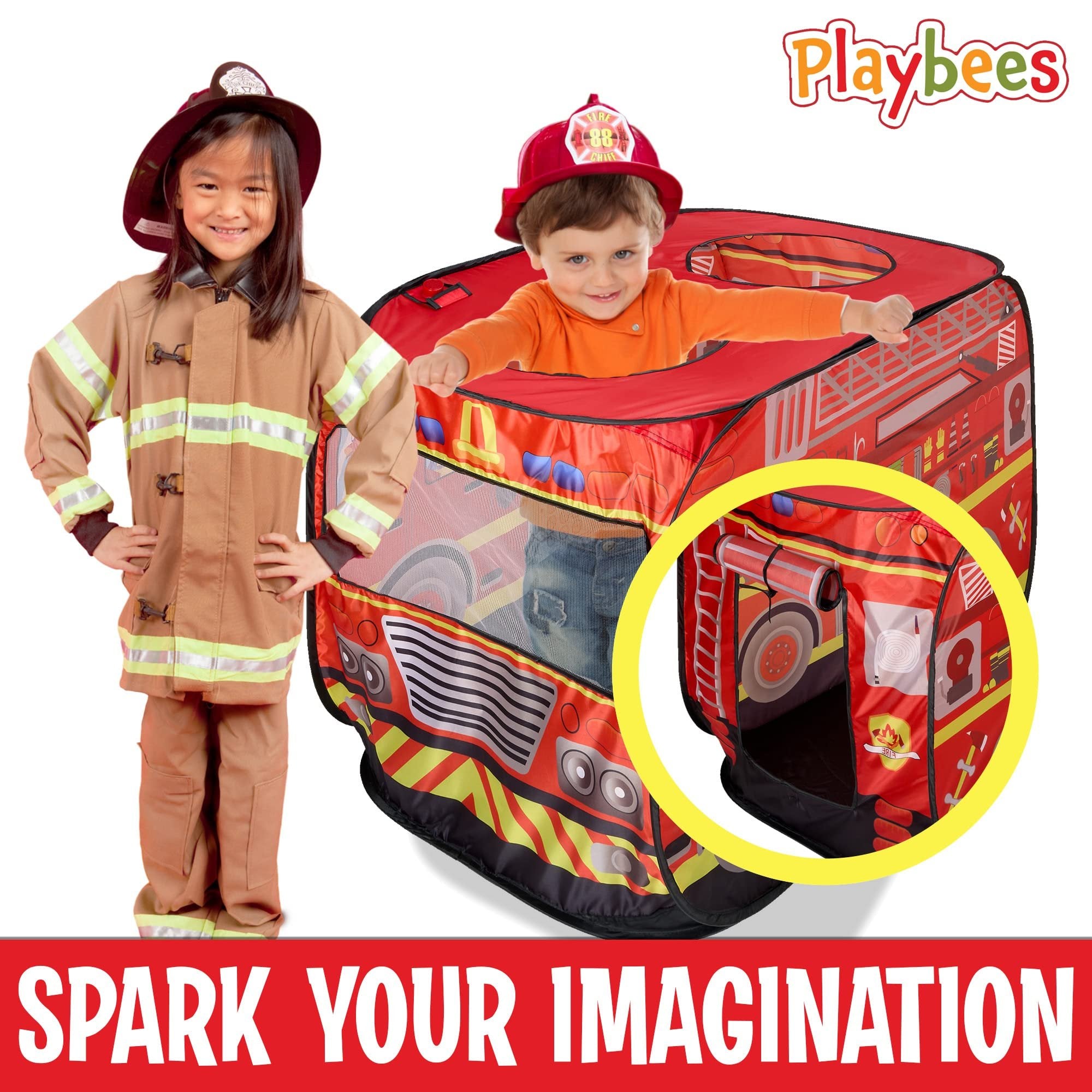 Playbees Musical Fire Truck Pop Up Play Tent with 3 Openings - Role Play Firefighter Tent - Sirens & Fireman Sounds - Indoor Outdoor - Red Fire Engine Playhouse Vehicle Toys - Ideal Play, Gift, Prop