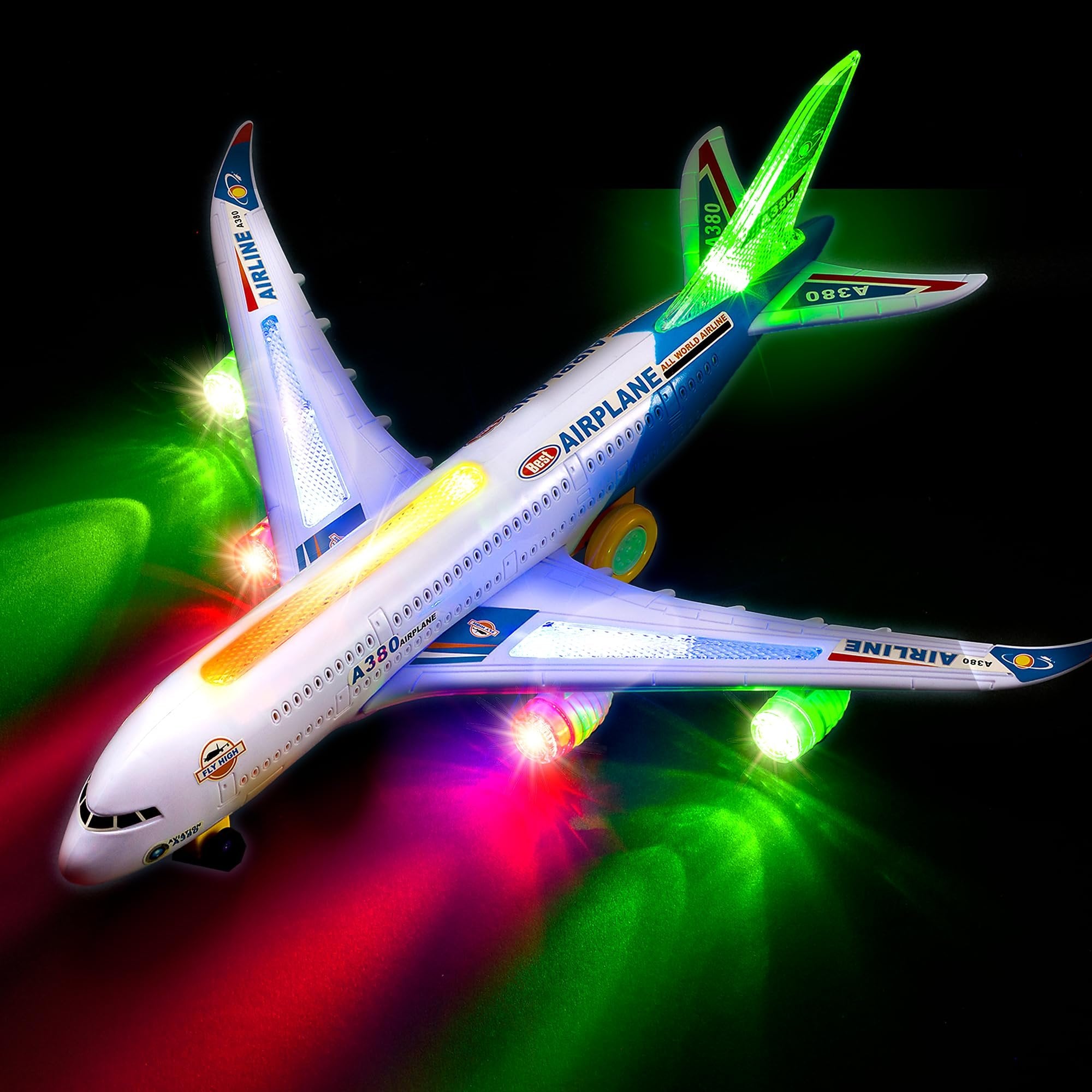 Zetz Brands Bump and Go Airplane Toy - Toy Airplane with 4D Lights - Kids Airplane Toys with Reflecting Lights and Sound - Realistic Model Airplane for Boys and Girls 3-12 Years Old