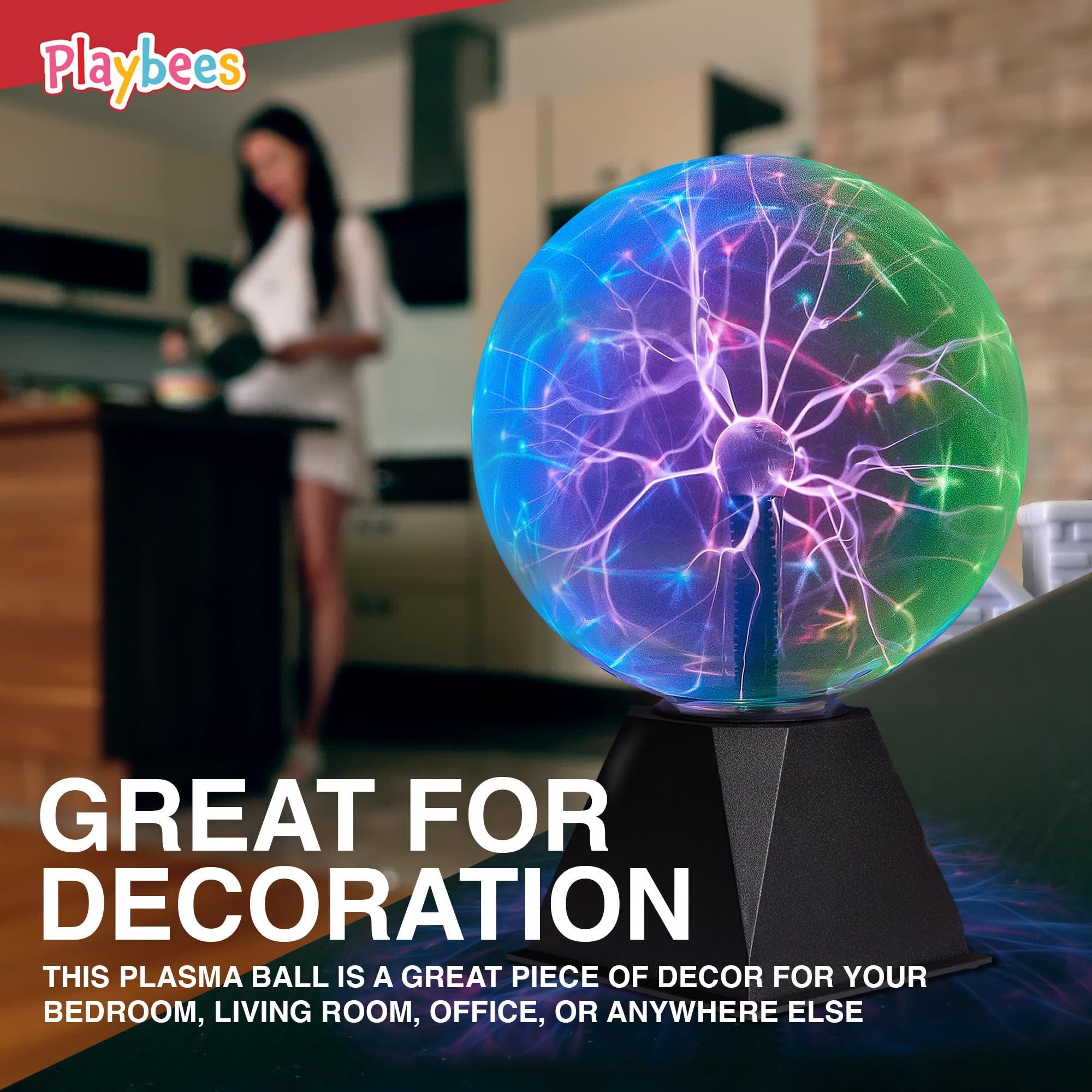 Playbees Colorful Plasma Ball - 7 Inch - Static Electricity in a Vacuum Pressurized Glass Globe - Multicolor, Nebula, Thunder Lightning, Plug-in - for Parties, Decorations, Prop, Home, STEM