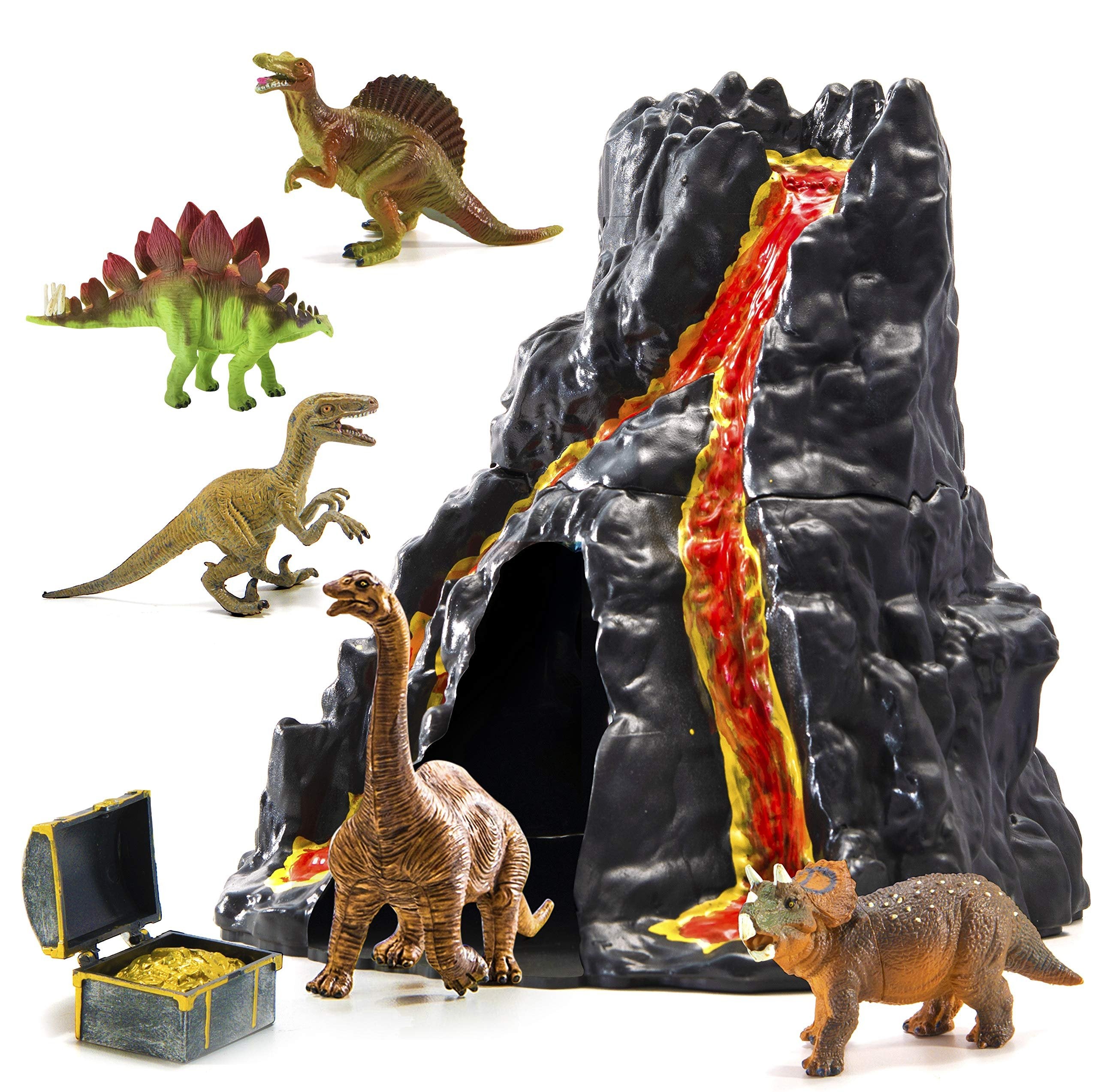 PREXTEX Lava Painted Volcano House with Hidden Door and 5 Dinosaur Figures with Treasure Box, Dinosaur Toys for Kids