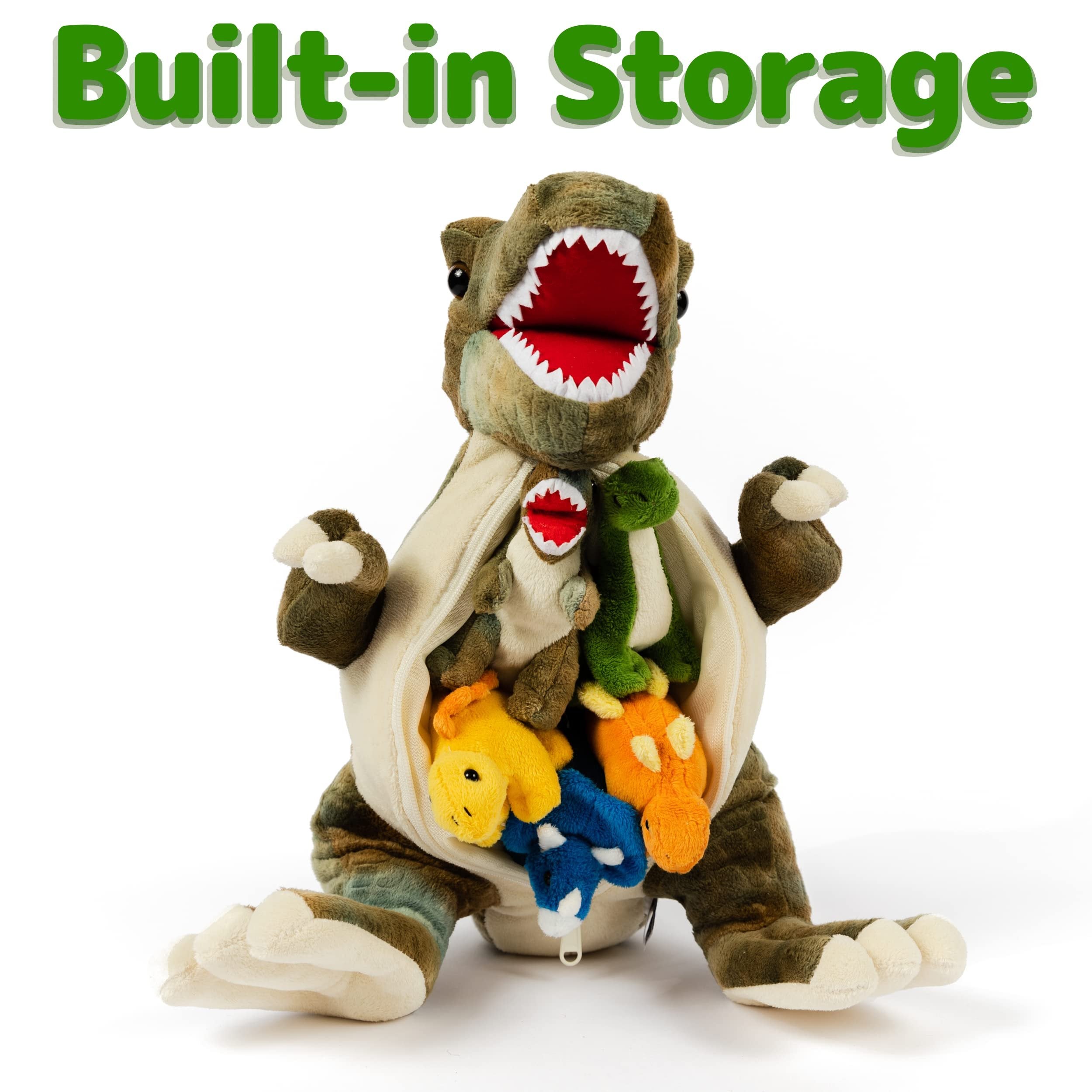 PREXTEX 15" T-rex Dinosaur Stuffed Animal Set w/ 4 Plush Dinosaur Toys Inside, Large Zippered Pouch for Boys & Girls, Colorful Dinosaur Plushies for Kids 3-5