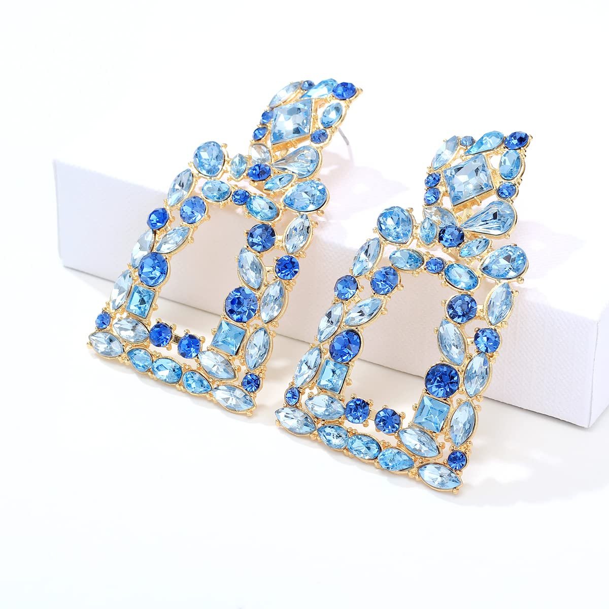 KELMALL Sparkly Rhinestone Rectangle Dangle Earrings for Women Crystal Geometric Drop Trendy Statement Earrings-Light Blue