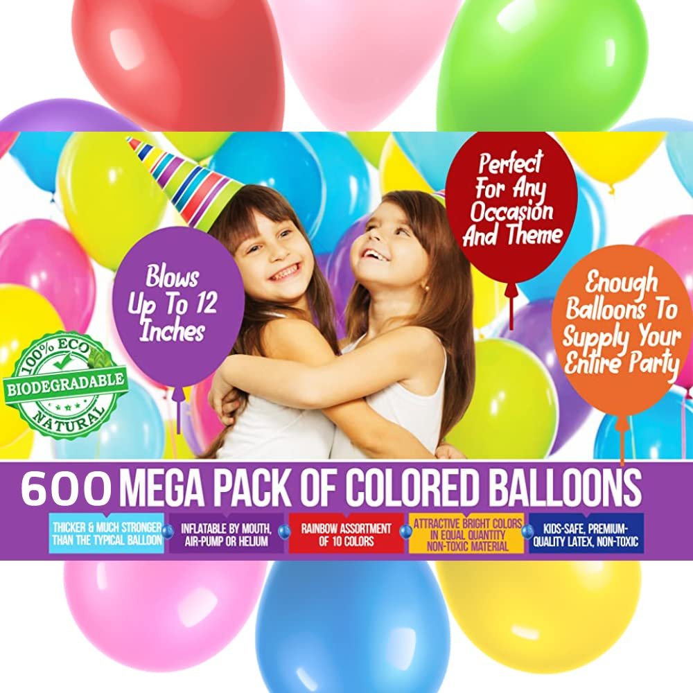 Prextex 600 Party Balloons, 12 Inch - 10 Balloons Assorted Colors Rainbow - Balloons Bulk Pack of Strong Latex Balloons for Party Decorations, Birthday Parties Supplies or Arch Decor - Helium Quality