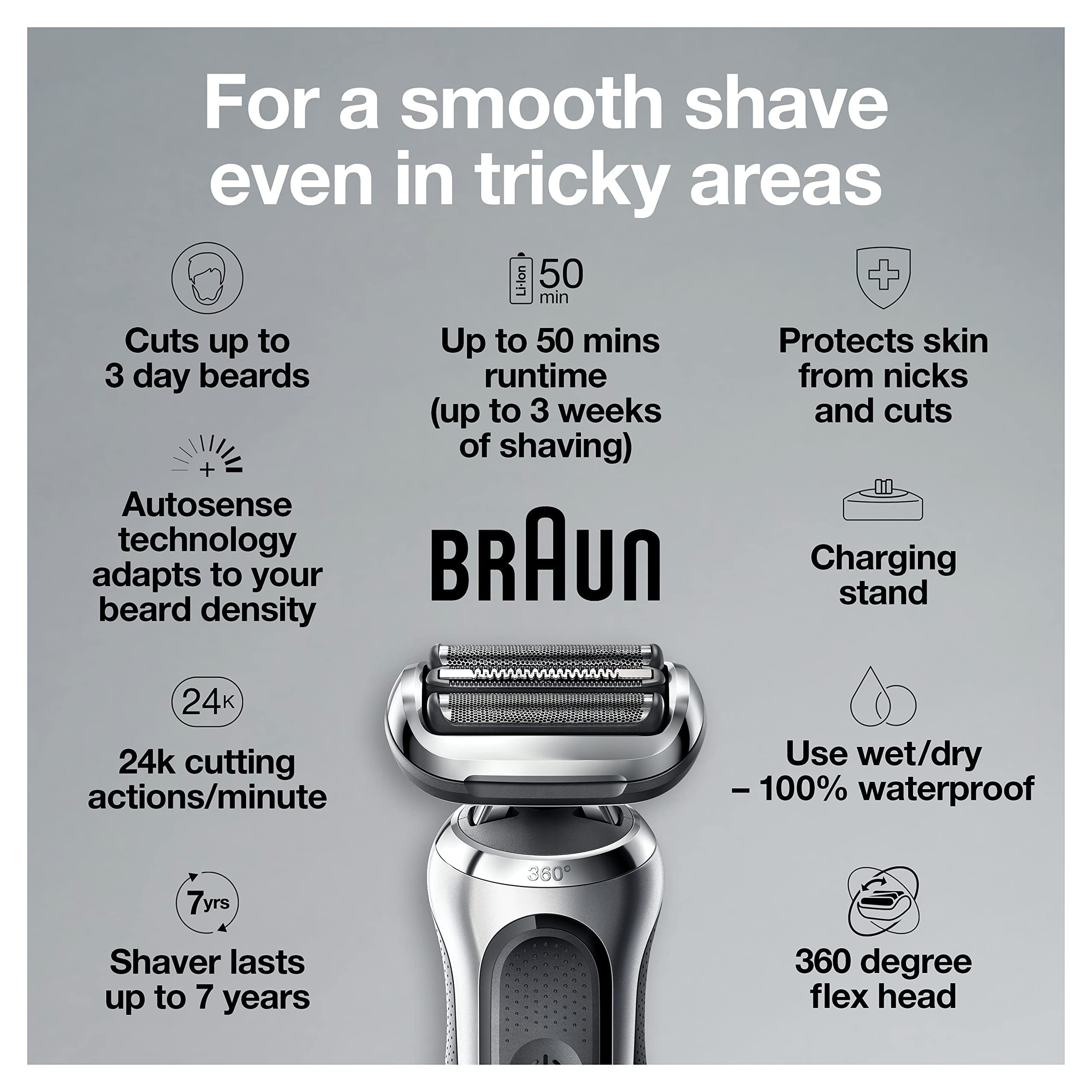 Braun Series 7 360 Flex Head Electric Shaver with Beard Trimmer for Men, Rechargeable, Wet & Dry with Charging Stand & Travel Case, Silver Black