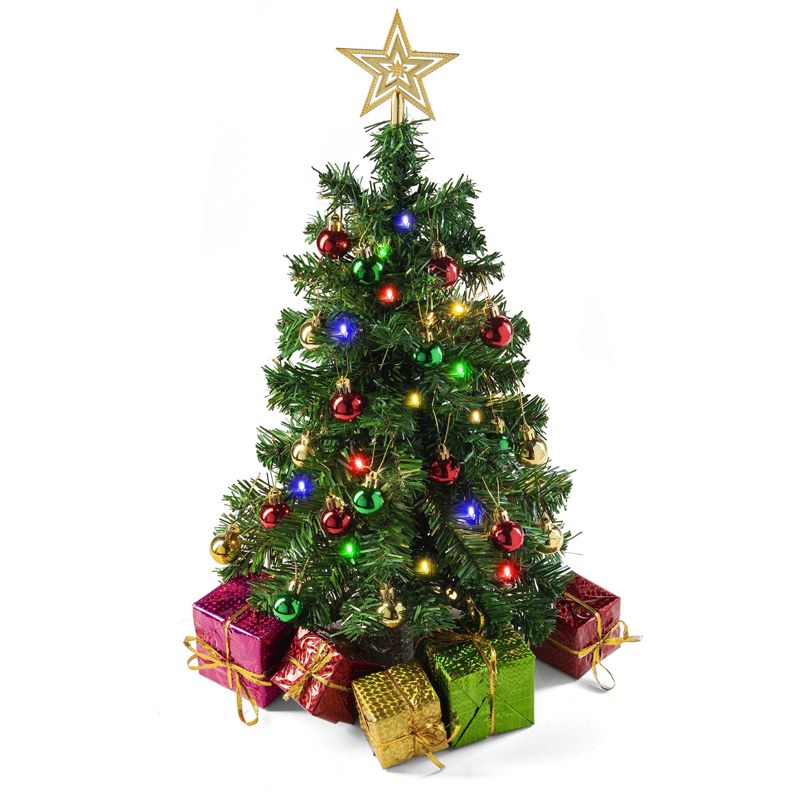 Prextex 23” Mini Black Christmas Tree with Lights Ornaments & Presents - Small Black Christmas Tree with Lights Black Mini Christmas Tree - Warm White LED Lights