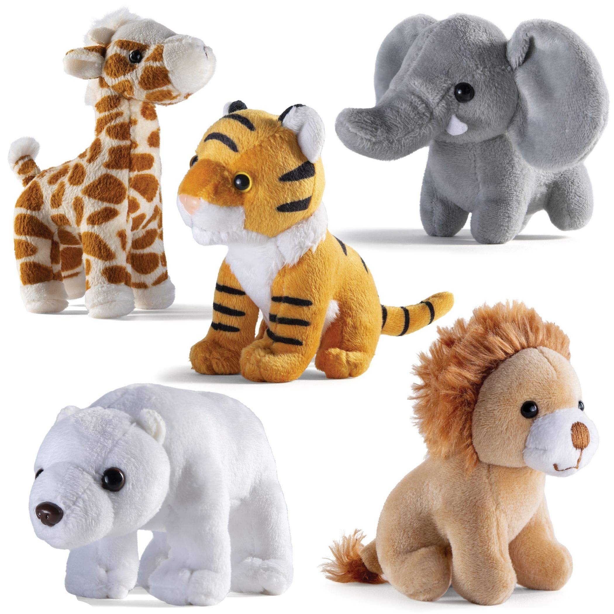 PREXTEX Safari Friends Stuffed Animal Gift Set - 5 Small Plush Stuffed Animals (Giraffe, Tiger, Lion, Polar Bear, Elephant) Zoo Animals - Machine Washable Stuffed Animals for Boys & Girls Ages 3-5+