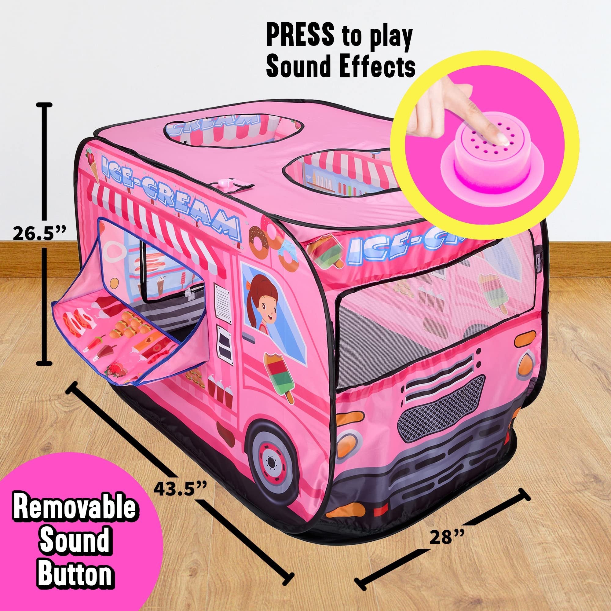 Playbees Musical Ice Cream Truck Pop Up Kids Play Tent with 3 Openings - Pretend Playhouse Tent for Toddlers - Sound Button w/Carry Bag - Boys & Girls Indoor Outdoor Toy - Ideal for Fun, Gift & Prop