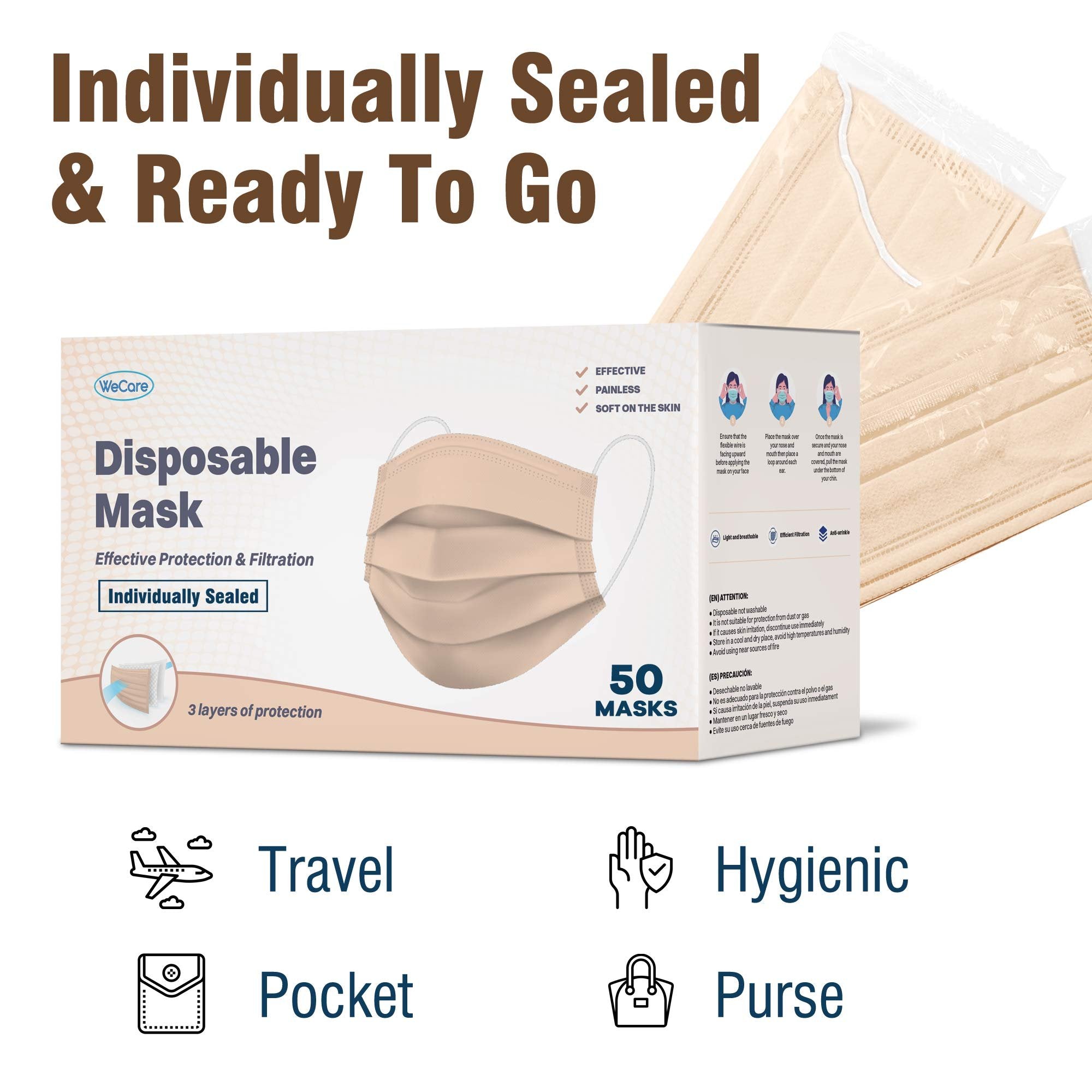 WECARE Disposable Face Mask Individually Wrapped - 50 Pack, Peach Masks 3 Ply