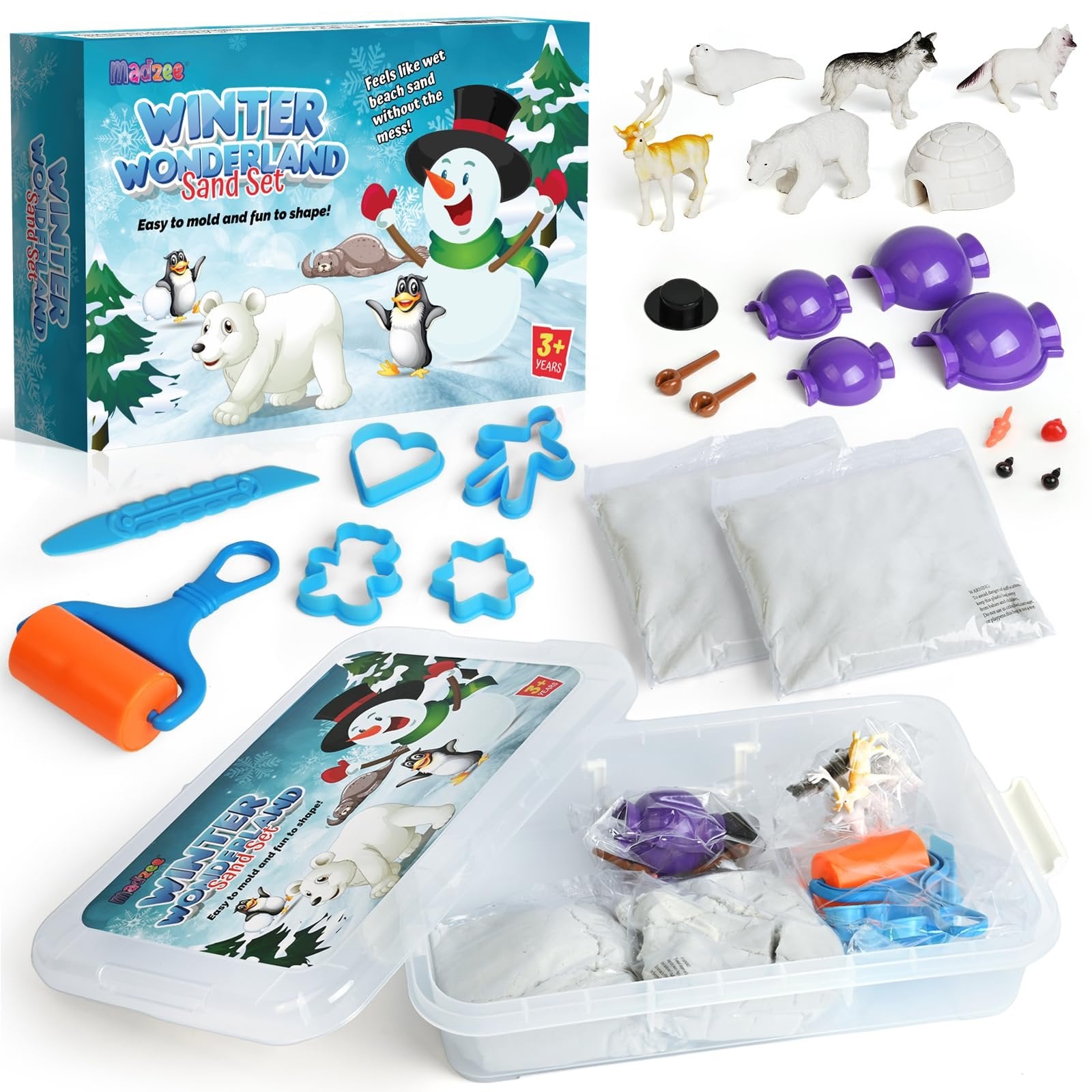 Winter Wonderland Snow Sand Playset, Creativity Toy Sensory Bin with Arctic Animal Figures, 2 Lbs of Sand and Snowman Molds for Boy Girl Kid Toddlers Age 3-8