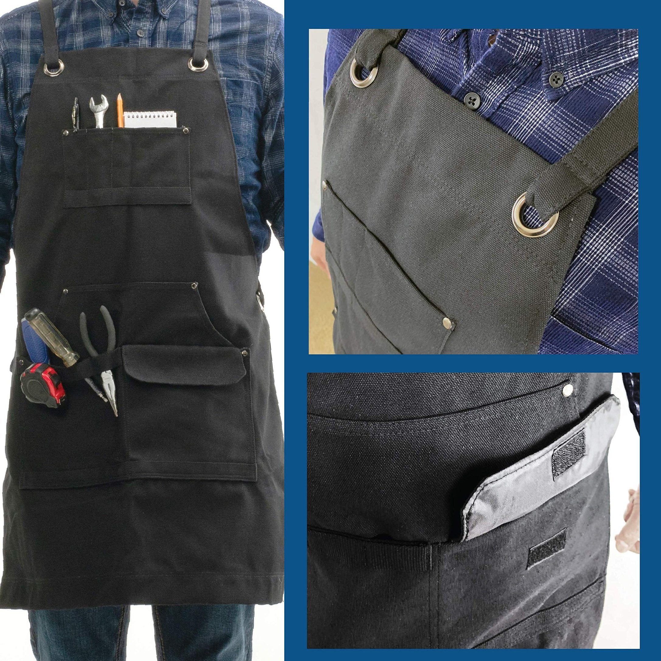 Rugged Tools Work Apron - Heavy Duty Canvas Shop Apron with Tool Pockets (Black)