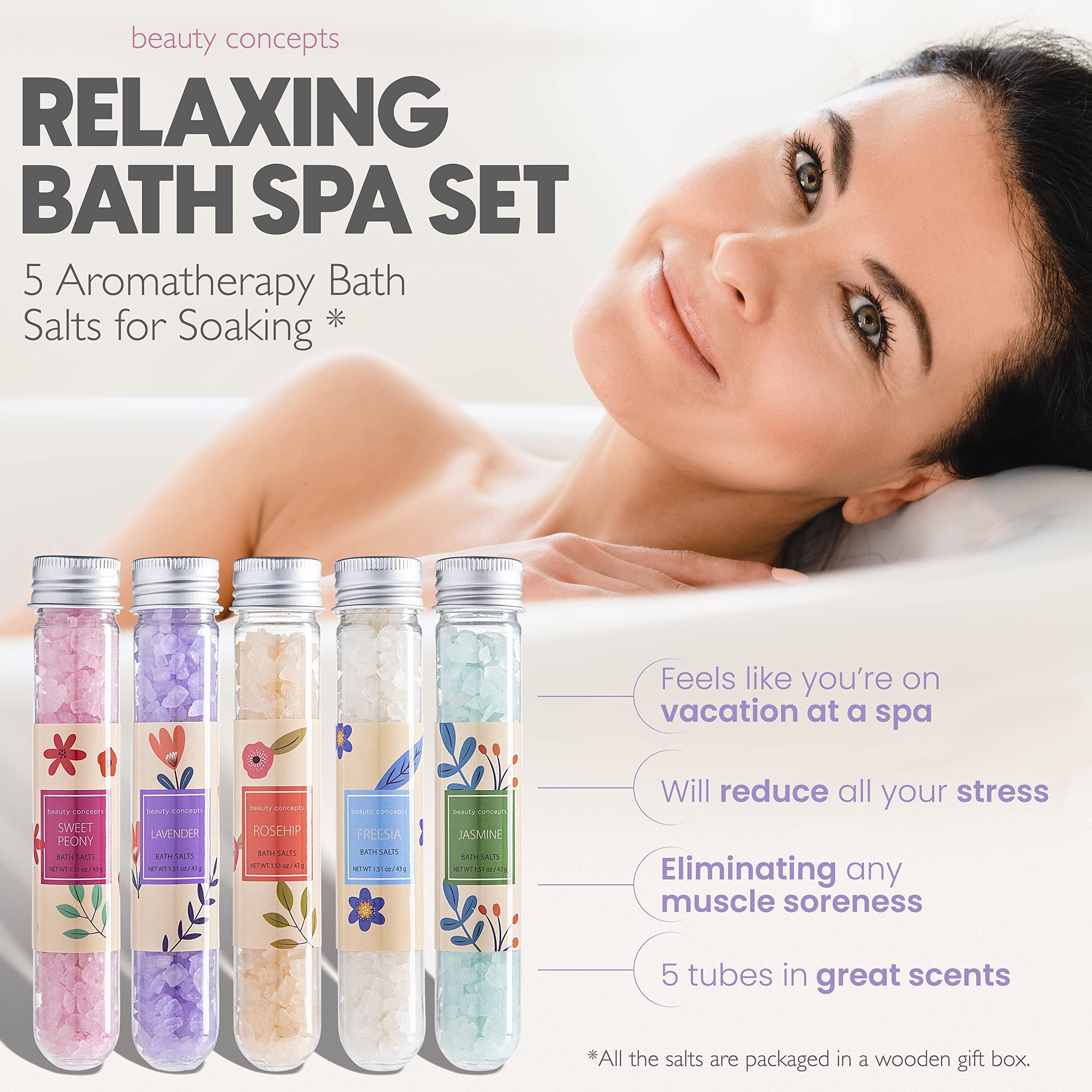 B.C BEAUTY CONCEPTS Aromatherapy Bath Salts- 5 Pack Epsom Salts for Soaking, Relaxing Bath Spa Set, Scented in Lemon Zest, Peach, Grapefruit, Clementine, Maqui Berry