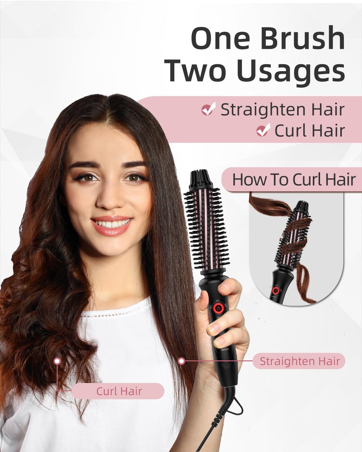 YEEGOR Curling Iron Brush 1 Inch, Heated Styling Round Brush Curling Iron Travel Dual Voltage，3 Temps Anti-Scald Hot Curling Brush Culer for Short Hair