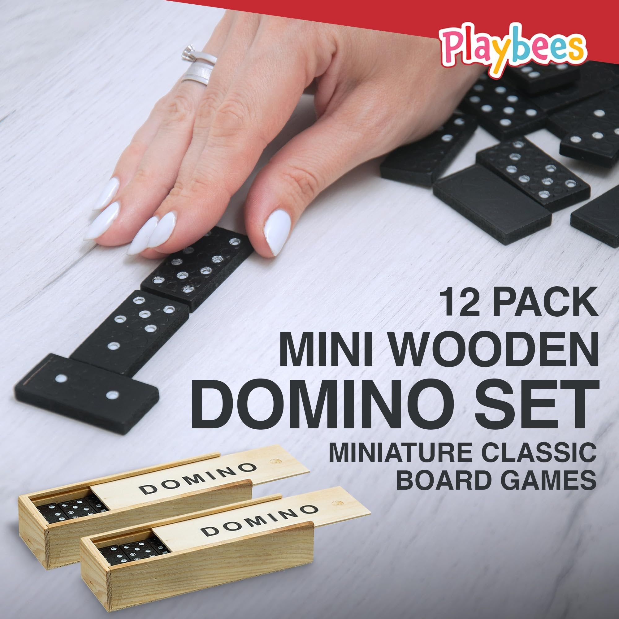 Playbees Mini Wooden Dominoes Set - 12 Pack - Classic Double Six Domino Game in a Wooden Case - Educational Board Games & Activity for Teens, Adults