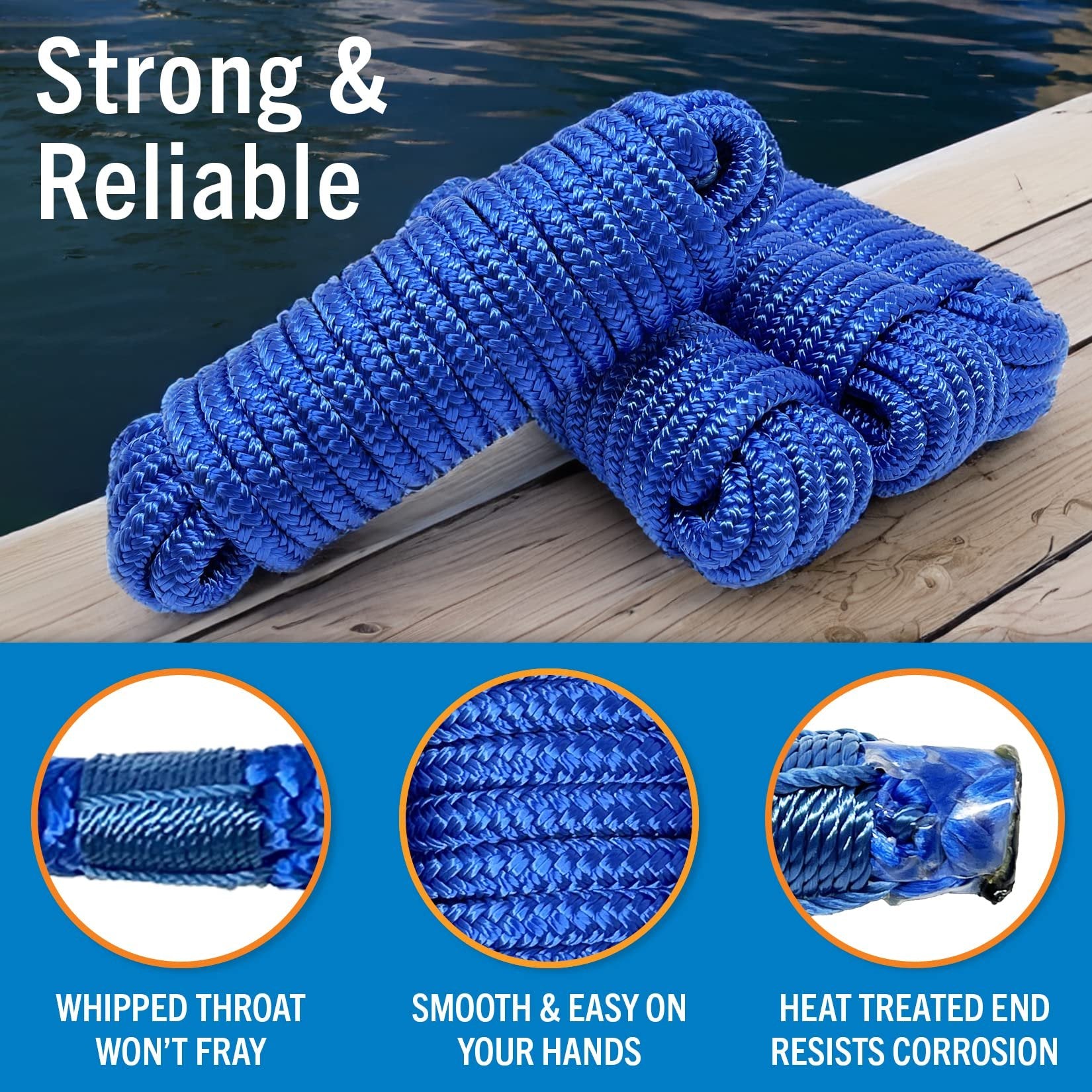 Boat Dock Lines & Rope Boat Ropes for Docking 1/2" Line Braided Mooring Marine Rope 25FT 1/2 Inch Nylon Rope Boat Dock Lines for Docking Boat Lines Boating Rope Braided with Loop Royal Blue 4 Pk