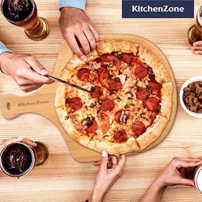 Kitchen Zone Bamboo Pizza Peel, Durable Wooden Pizza Board with Handle to Use as Serving Tray, Cutting Board