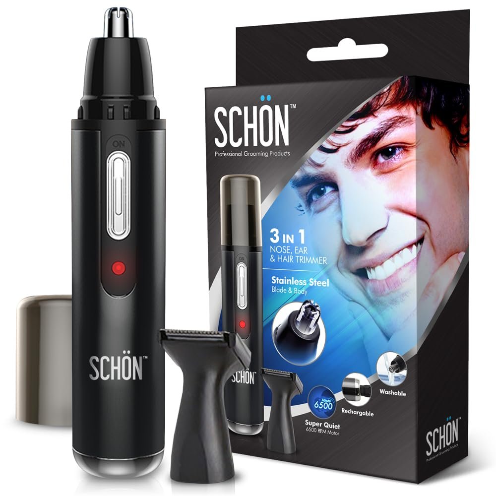 SCHON Stainless Steel Rechargeable 3-in-1 Eyebrow, Ear, Facial, & Nose Hair Trimmer/Clipper for Men&Women | Hair Clippers, Flawless Hair Remover, Male Beard Trimmers, Grooming Kit, Groomer (Black)