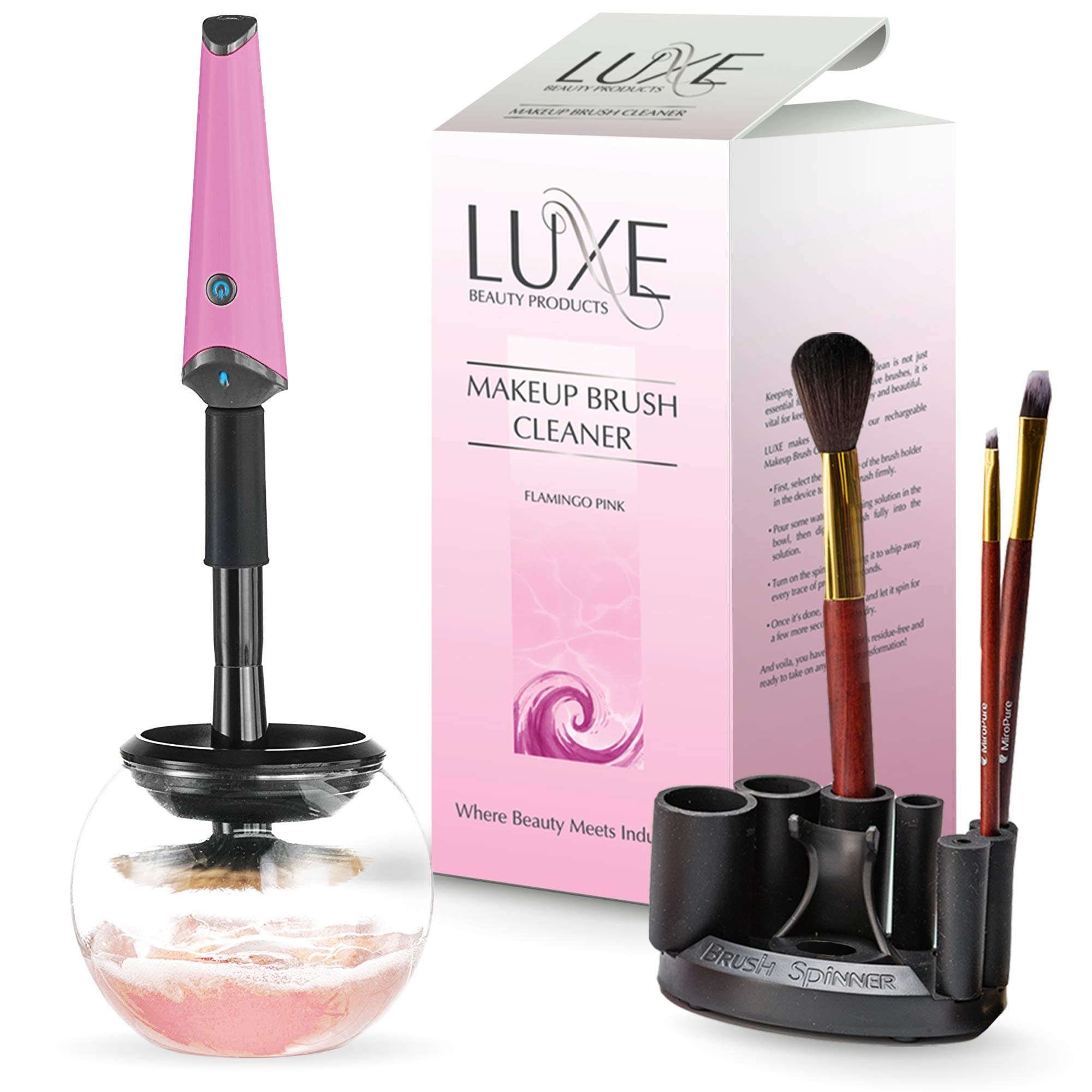 Luxe Electric Makeup Brush Cleaner, Pink, USB Charging Station, 3 Adjustable Speeds, Cleaner to Instantly Wash and Dry Your Makeup Brushes