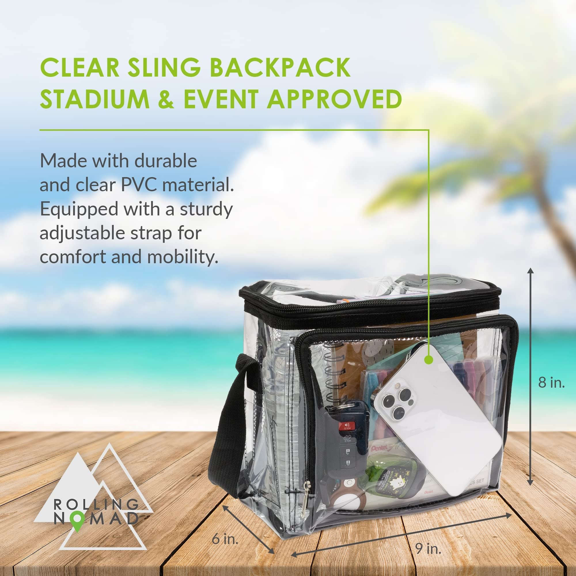 Rolling Nomad Clear Crossbody Bag Stadium Approved - Transparent Plastic Sling Backpack, See Thru Shoulder Bag, Messenger Crossbody Pack for Concert, Festivals, Stadium, NFL