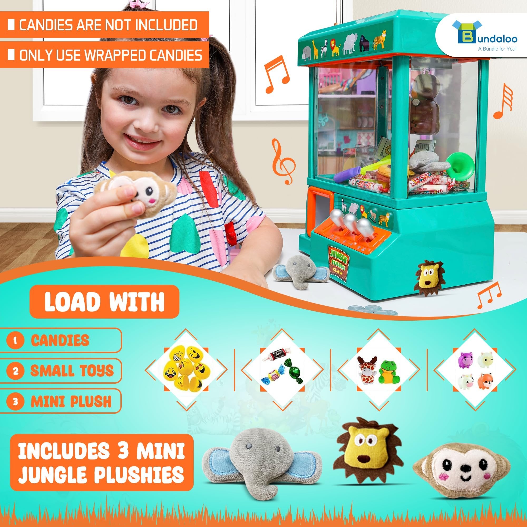 Bundaloo Claw Machine for Kids - Jungle Themed Miniature Candy Grabber with 3 Mini Plush Toys, 30 Reusable Tokens - Electronic Prize Dispenser Toy Party Game for Children