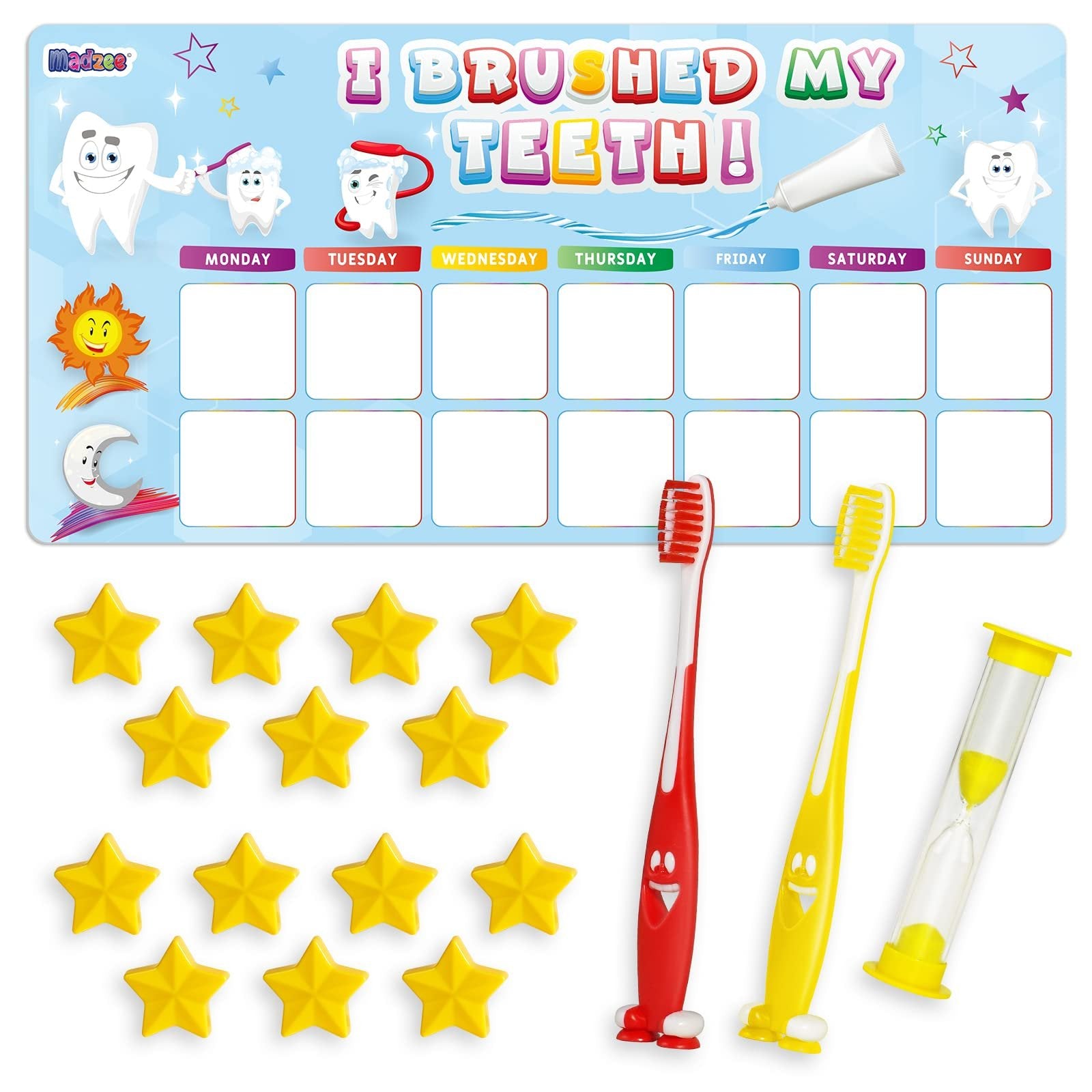 Madzee Toothbrush for Kids with Reward Chart Set, Sand Timer - 2Pcs Soft Bristle Kids Tooth Brush with Magnetic Behavior Chart for Children's Ages 3+